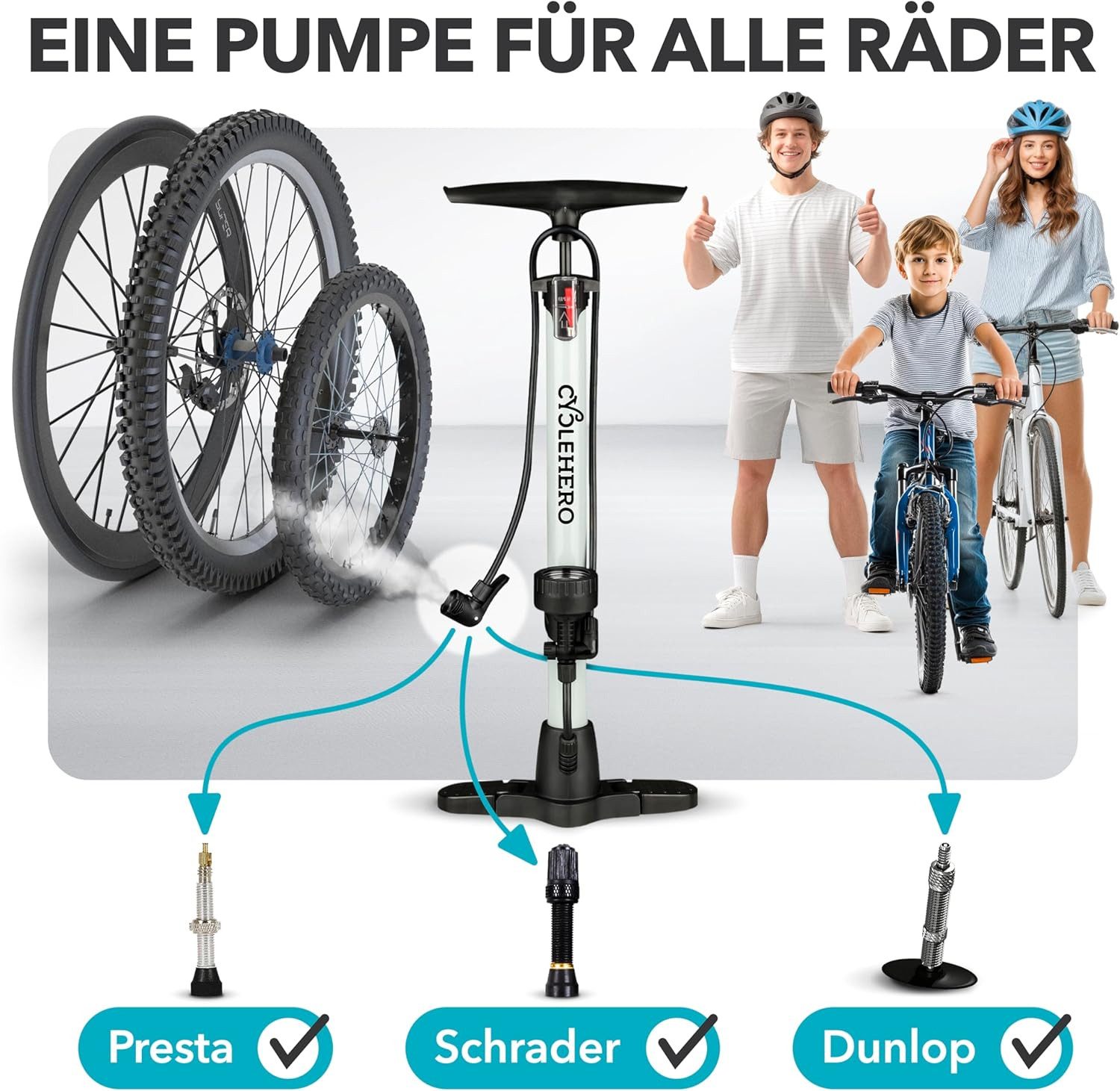 CYCLEHERO Standpumpe Hochdruck-Fahrradpumpe 160 PSI für alle Ventile mit Manometer, Silver, Stahlzylinder, 25-cm-Standfuß, 65-cm-Schlauch, 10 Jahre Herstellergar…