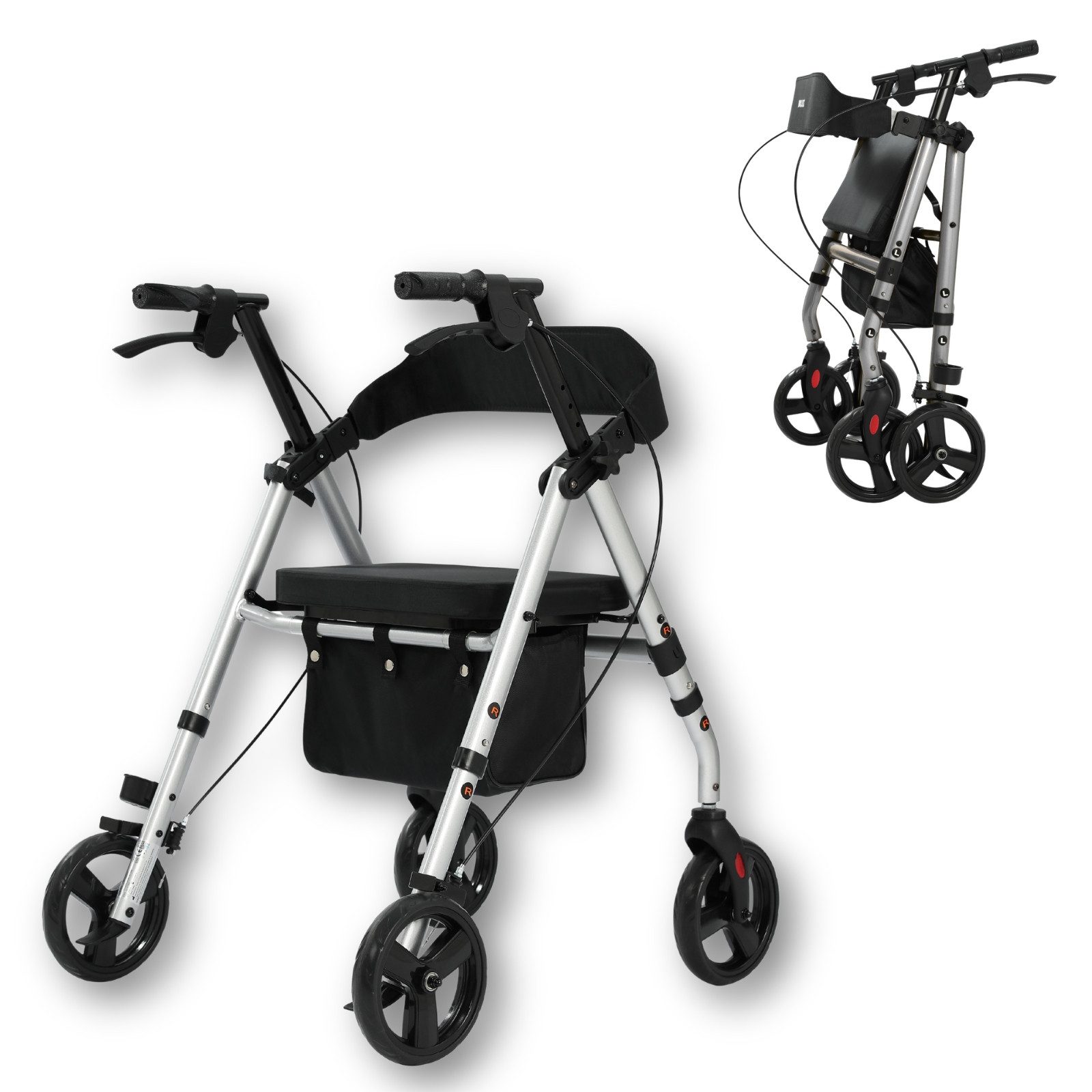 smartEC Rollator Wollex in Silber faltbar mit Einkaufstasche für In- & Outdoor