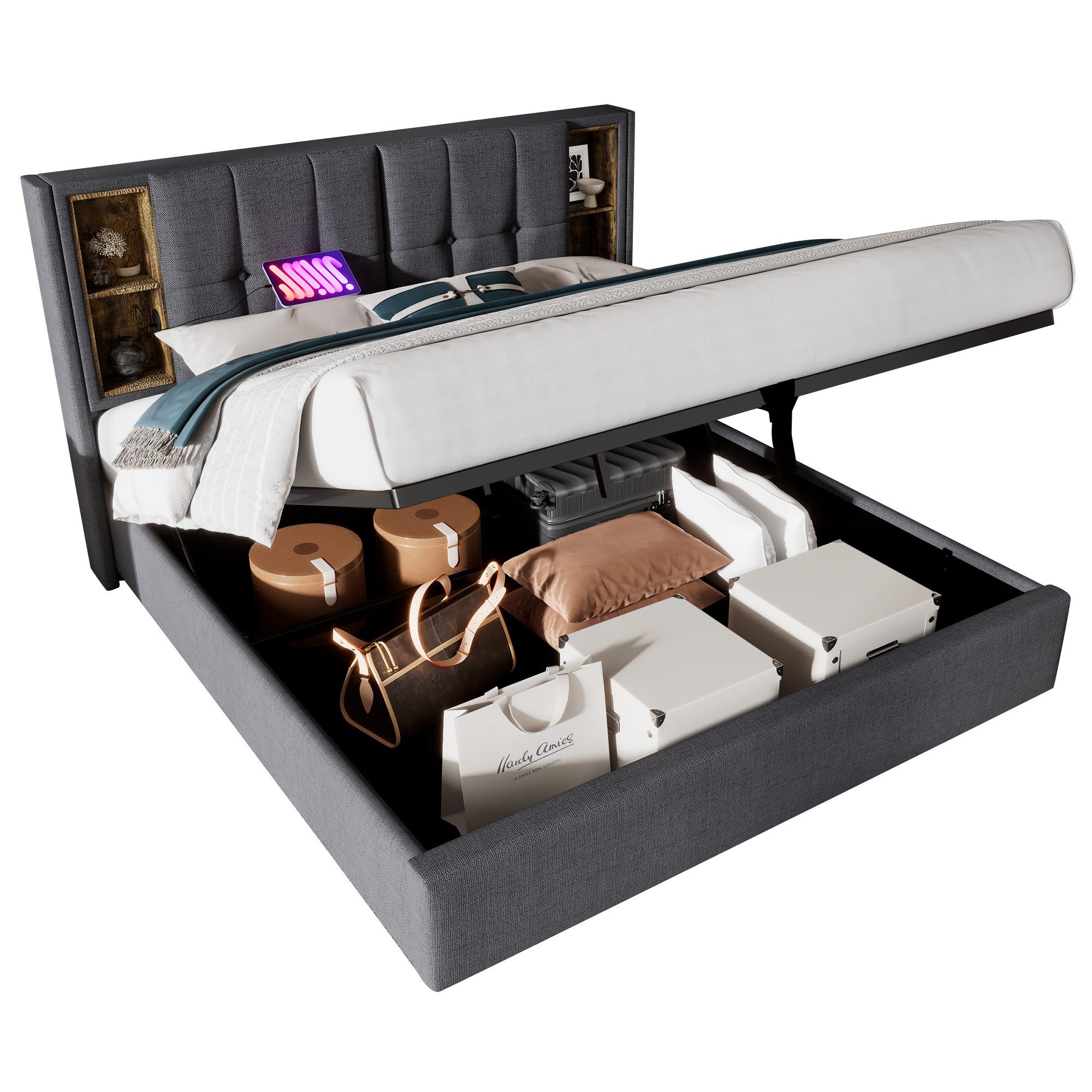 Flieks Polsterbett, Doppelbett mit Kabellosem Laden/USB/Typ-C+Stauraum günstig online kaufen