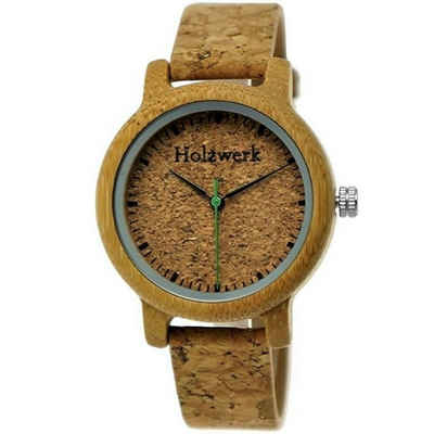 Holzwerk Quarzuhr HILDEN kleine Damen Kork & Leder, Holz Armband Uhr in beige