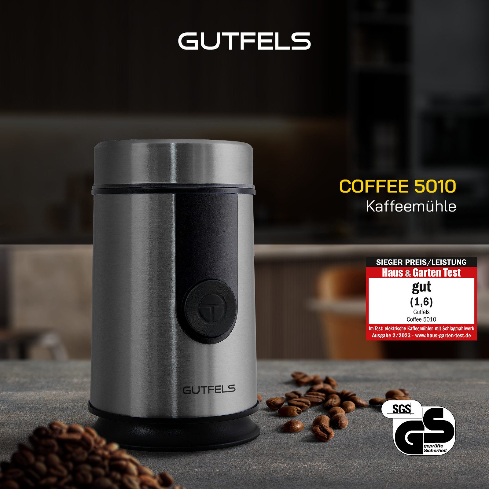 Gutfels Kaffeemühle COFFEE 5010, 200 W, Schlagmesser, 50 g Bohnenbehälter, zum Mahlen von Kaffeebohnen und Zerkleinern von Gewürzen oder Nüssen.