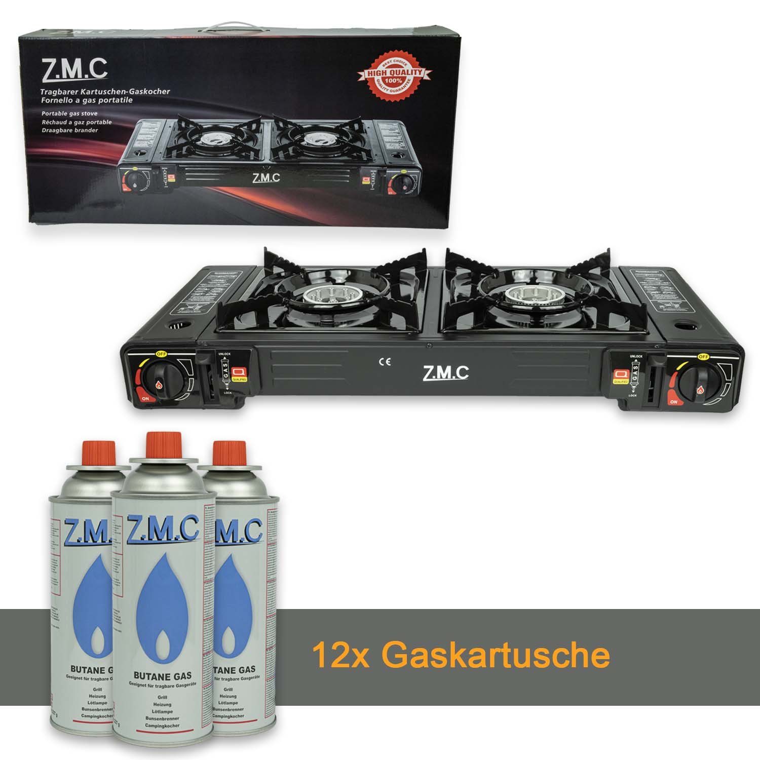 ZMC Gaskocher Doppel Kartuschenkocher Gaskocher 2 Flammig + 12x Gaskartuschen 227g, (mit automatische Piezo-Zündung Wärmeleistung: 2,3KW), Outdoor Gas Campingkocher 2Fach Gasherd Ofen Butan Kochfeld Gas Kocher