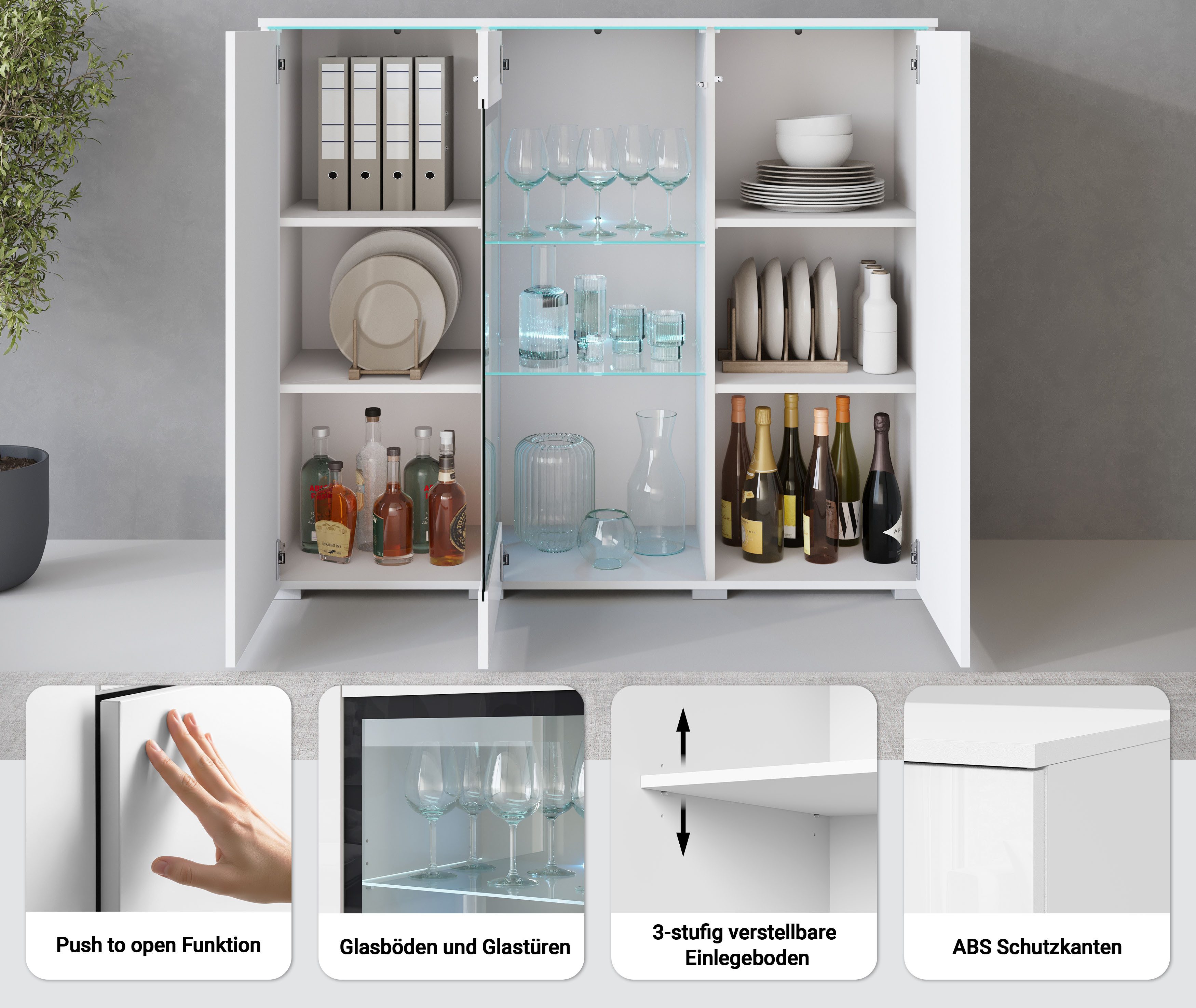 Home affaire Highboard Vera, Highboard mit 4 Türen, 9 Fächern, verglasten Türen