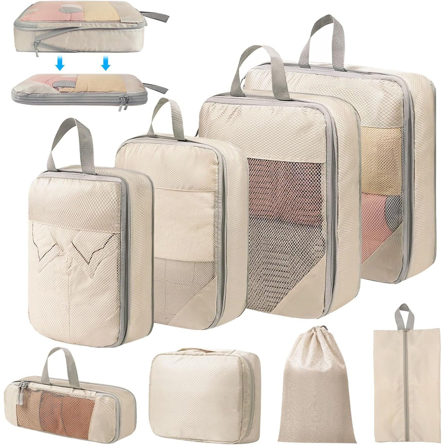 SURFOU Unterbettkommode 8-teilig Koffer Organizer Set Komprimierbaren Packwürfeln (Packing Cubes, Kleidertaschen für Urlaub und Reisen Packtaschen für Koffer), Ordnungssystem für Gepäckorganizer Zur Aufbewahrung von Kleidung