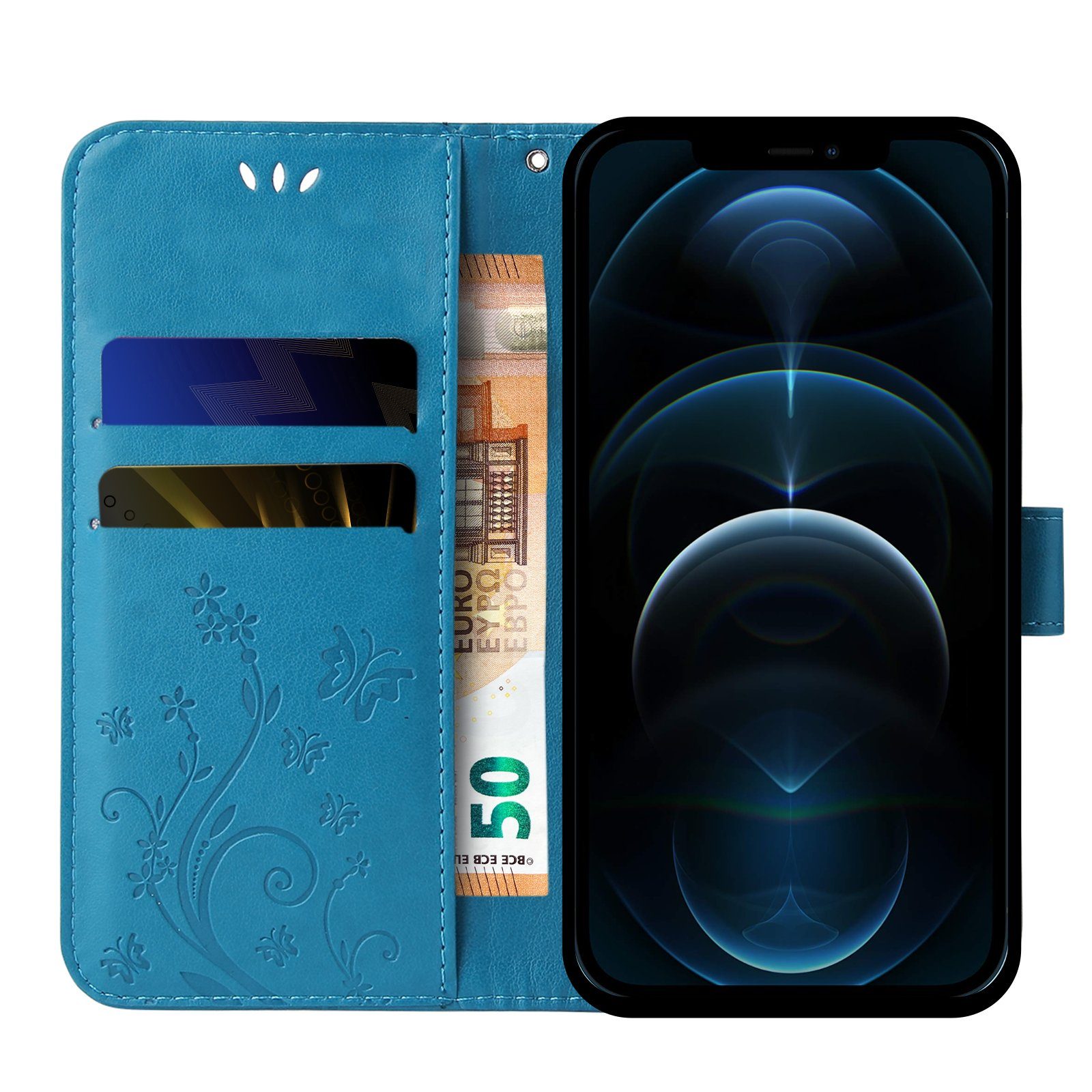 Tec-Expert Handyhülle Cover Tasche Hülle für Apple iPhone 12 6,1 Zoll, Klapphülle Case mit Kartenfach Fliphülle aufstellbar, Motiv Blumen