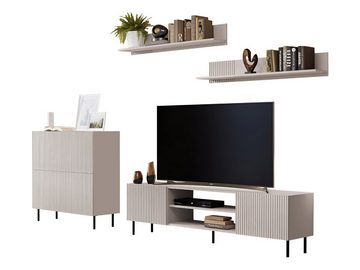 MIRJAN24 Wohnzimmer-Set Aruba IV, (4er-Set, 2x Wandregal, Kommode, TV-Lowboard), Metallfüße in der Farbe Schwarz