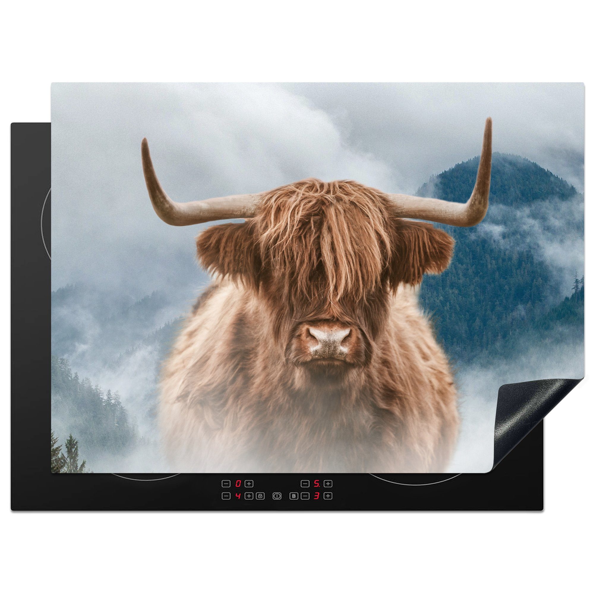 MuchoWow Herdblende-/Abdeckplatte Schottische Highlander - Nebel - Berge, Vinyl, (1 tlg), 71x52 cm, Induktionskochfeld Schutz für die küche, Ceranfeldabdeckung