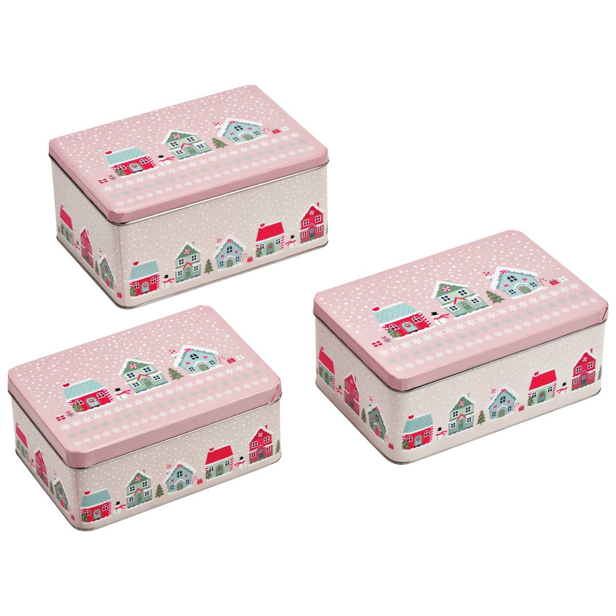 matches21 HOME & HOBBY Vorratsdose Große Metall Plätzchendosen Weihnachtsdorf 3er Set Rosa Bunt, Metall, (3-tlg), Eckige Weihnachten Blech Vorratsdosen als Keks-Dosen in 21, 19, 17 cm