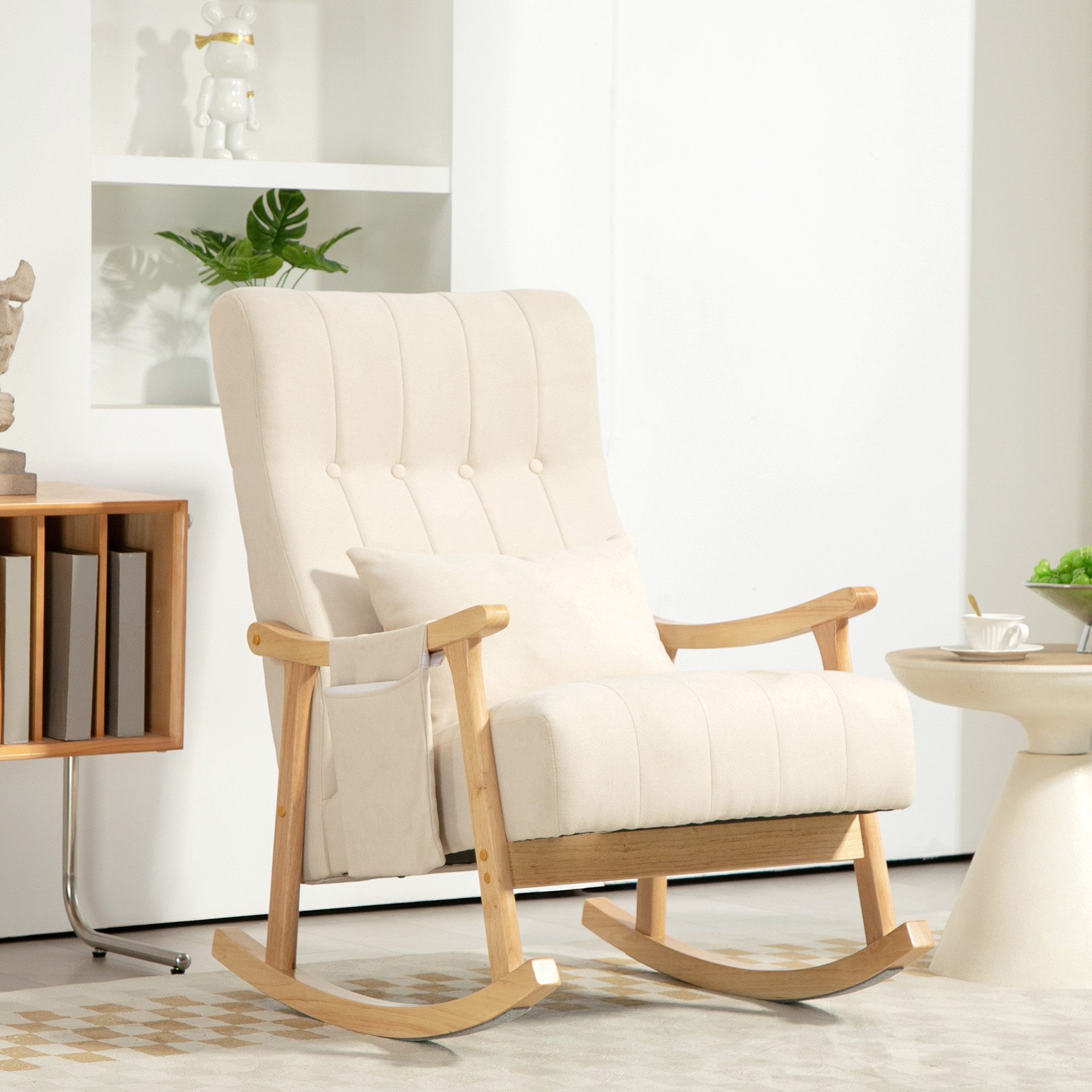 HOMCOM Schaukelstuhl Schaukelsessel mit Rückenlehne, weich Sessel mit Holzkufen (Relaxsessel, 1 St), für Wohnzimmer, Schlafzimmer, Beige
