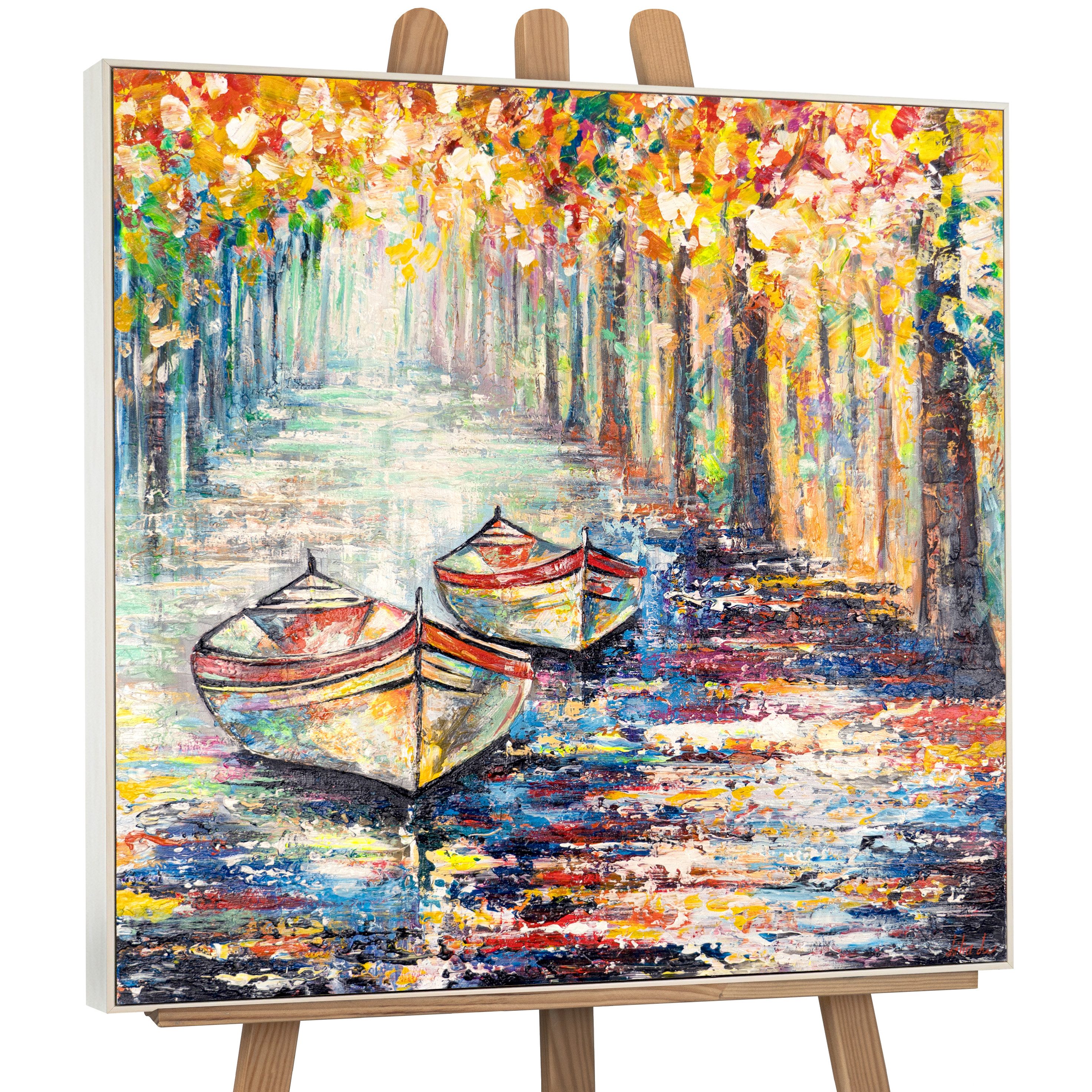 YS-Art Gemälde Herbstlicher Anlegeplatz, Landschaft, Segelboote Baum Bunt Leinwand Bild Handgemalt