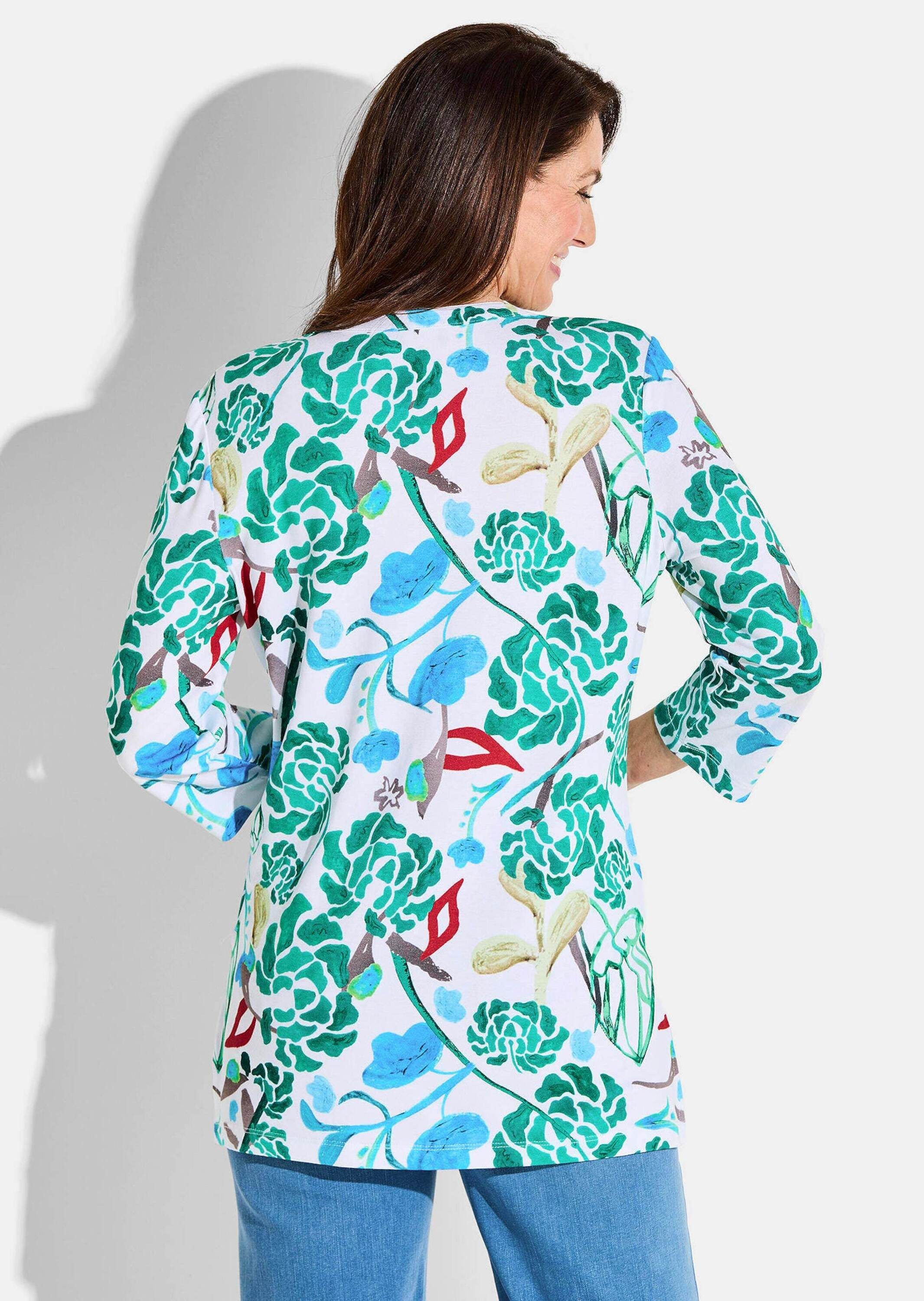 GOLDNER Tunika Kurzgröße: Halbarm Tunika mit Allover-Print Bluse mit frischen Farben, Rundhals, Knopfleiste, 3/4-Arm