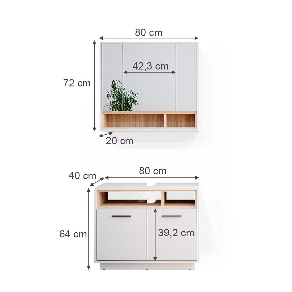 Vicco Badmöbel-Set Beatrice, Weiß/Sonoma, 2 Teile, (3-er Set, 2-St., 2er Set)