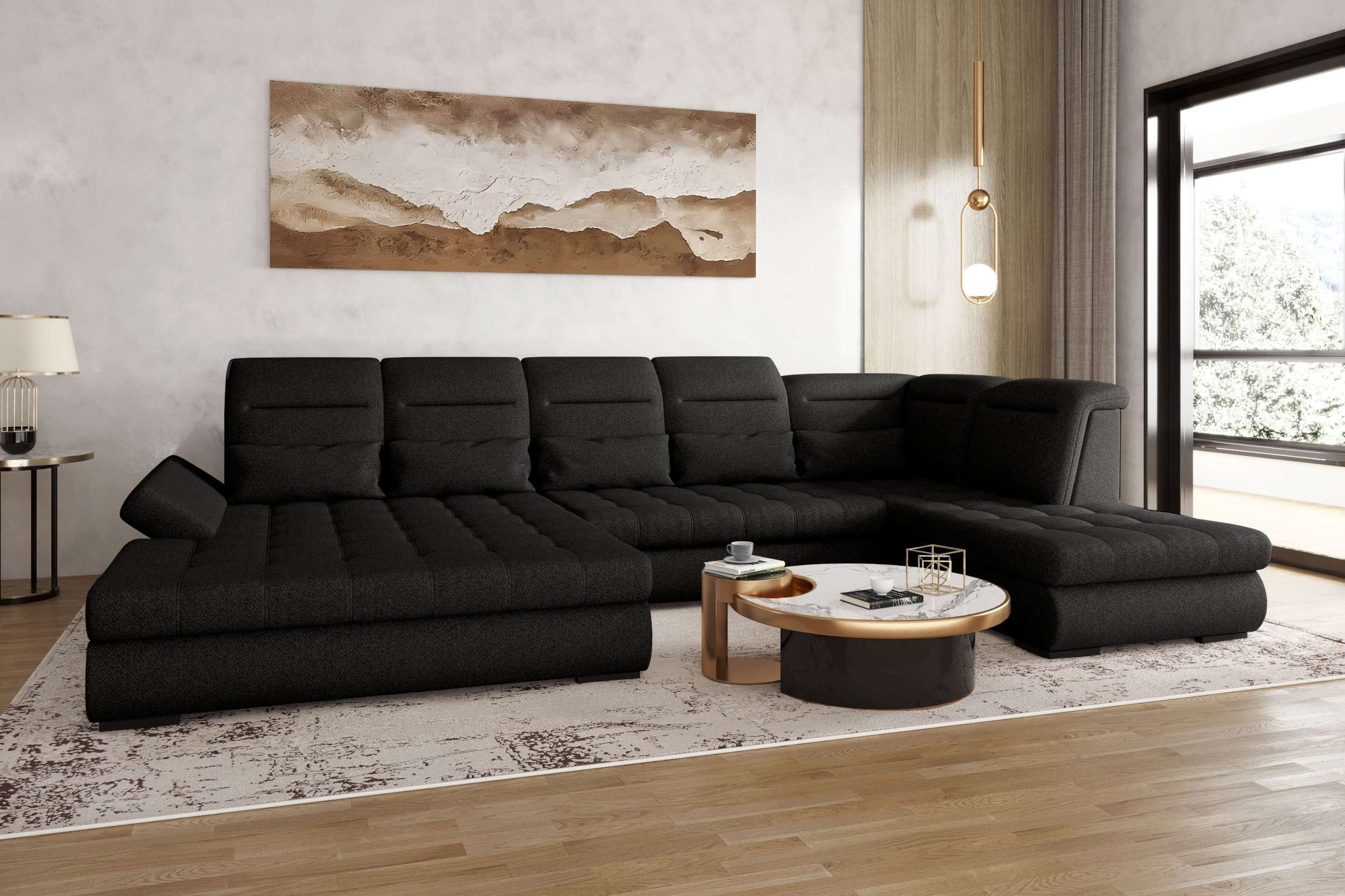 99rooms Wohnlandschaft Toscana, Sofa, U-Form, Bettfunktion, Rundumbezug aus gepolstertem Velours VOGUE