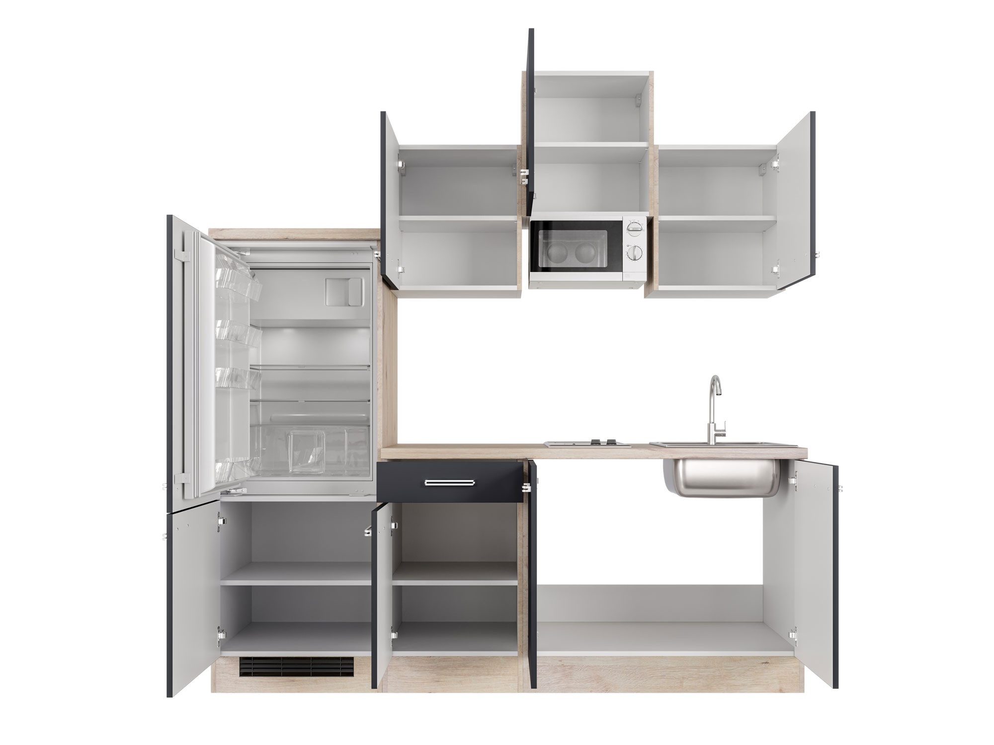 Flex-Well Küchenzeile Singleküche mit E-Geräten - 210 cm breit - Anthrazit San Remo Eiche –