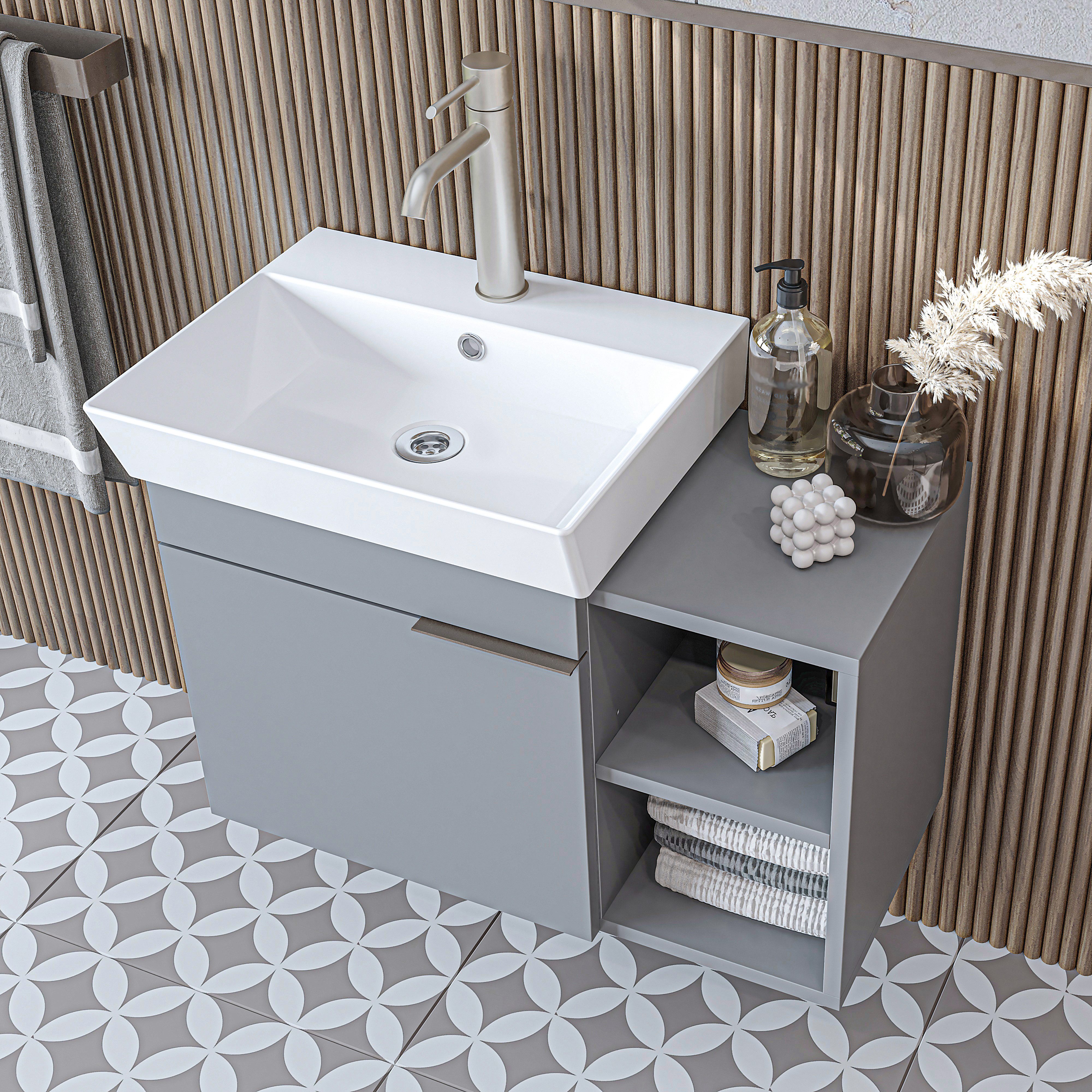 Roomart Waschbeckenunterschrank LYCIA 72 cm hängend, offenes Regal, Keramikbecken inkl., 4 Farben (Set) Soft-Close, offene Regalsektion, 32 cm tief, Wandmontage, Waschbecken