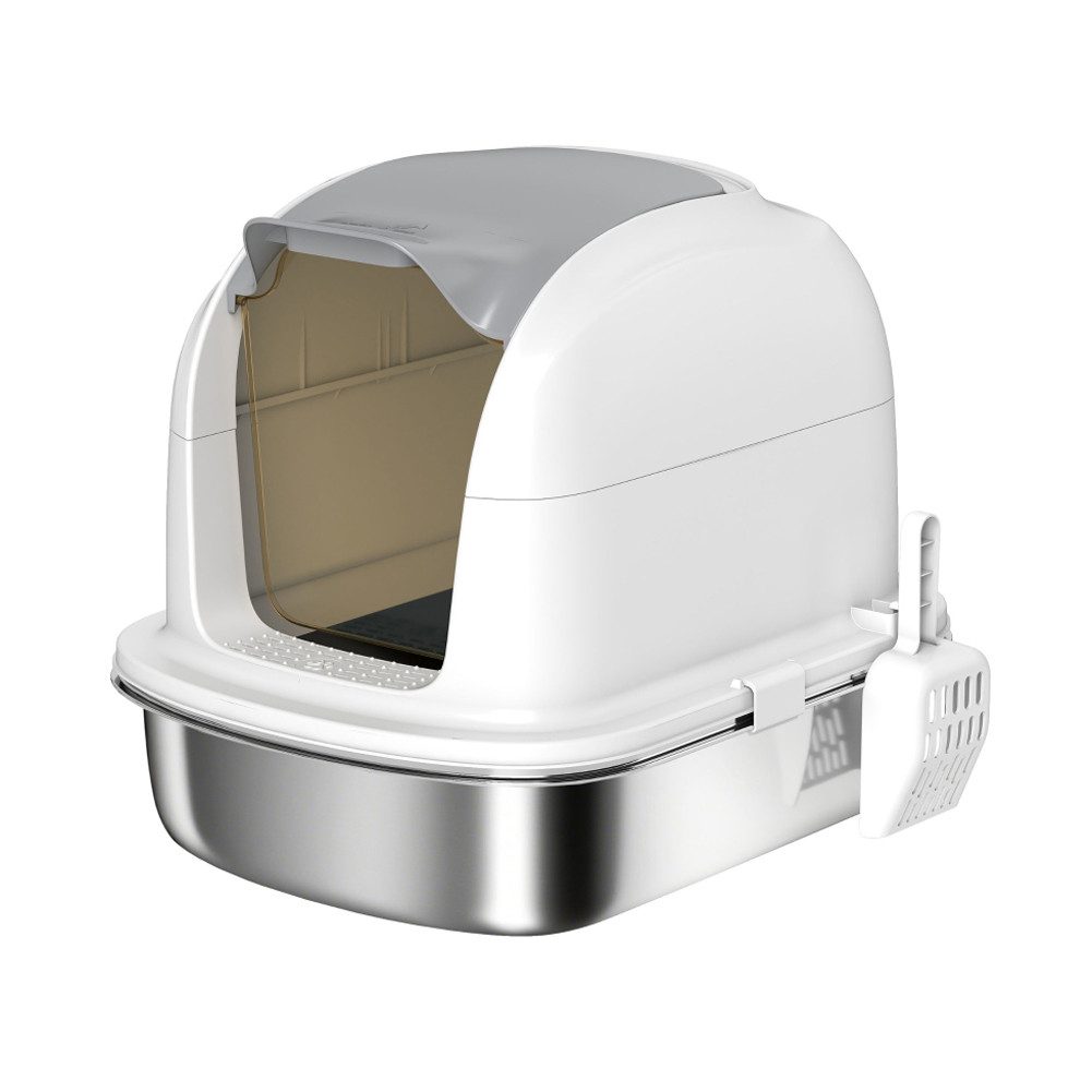 FANNOU Katzentoilette für Katze unter 5kg, 52,4 x 41,3 x 42 cm, Katzenklo Edelstahl mit Deckel, Wanne, Streuschaufel