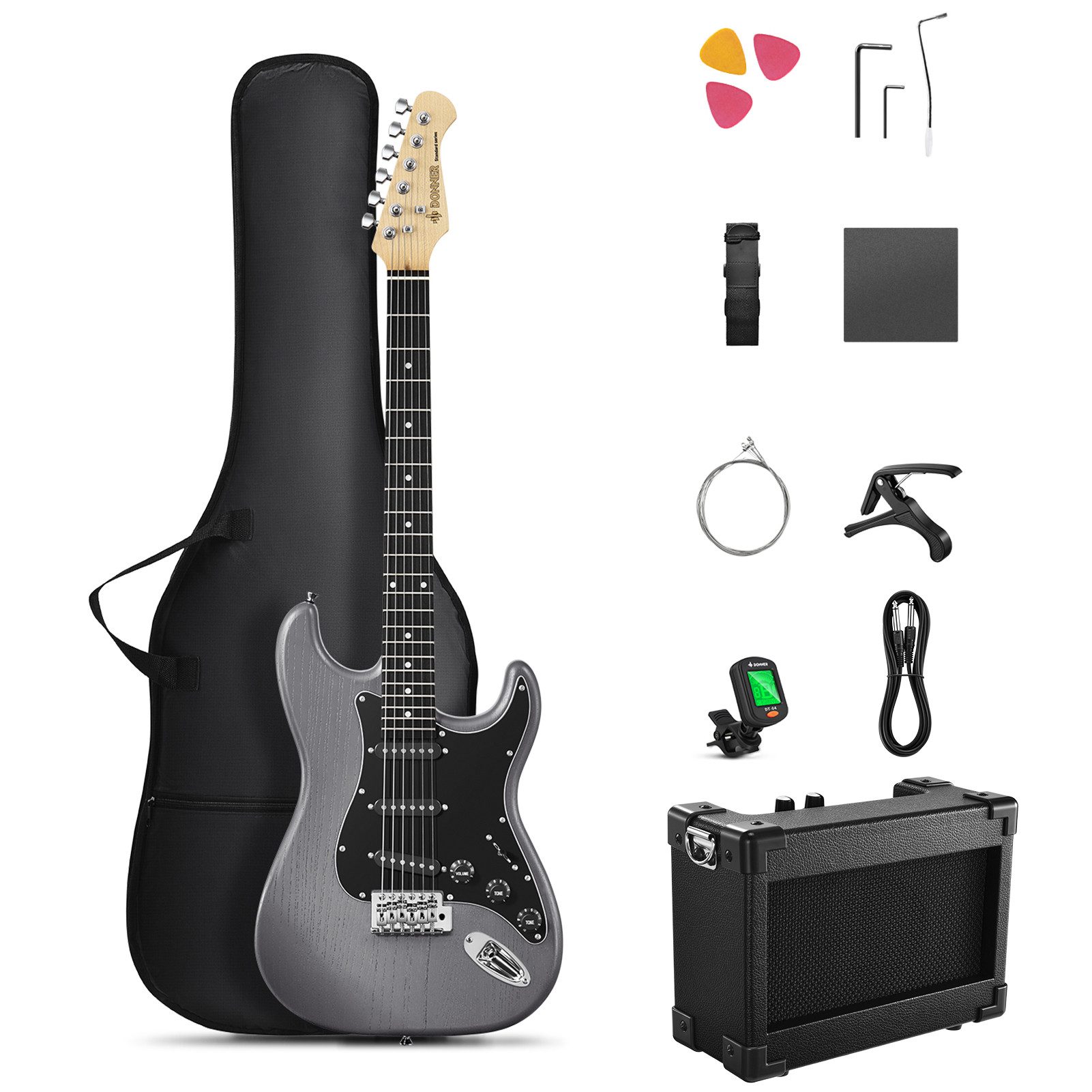 Donner E-Gitarre E-Gitarre Set Holzmaserung SSS-Tonabnehmer Umfassen Verstärker DST-80, Ergonomischem Design, Gig Bag, Stimmgerät, Riemen, Pleks, Kabel, Verstärker
