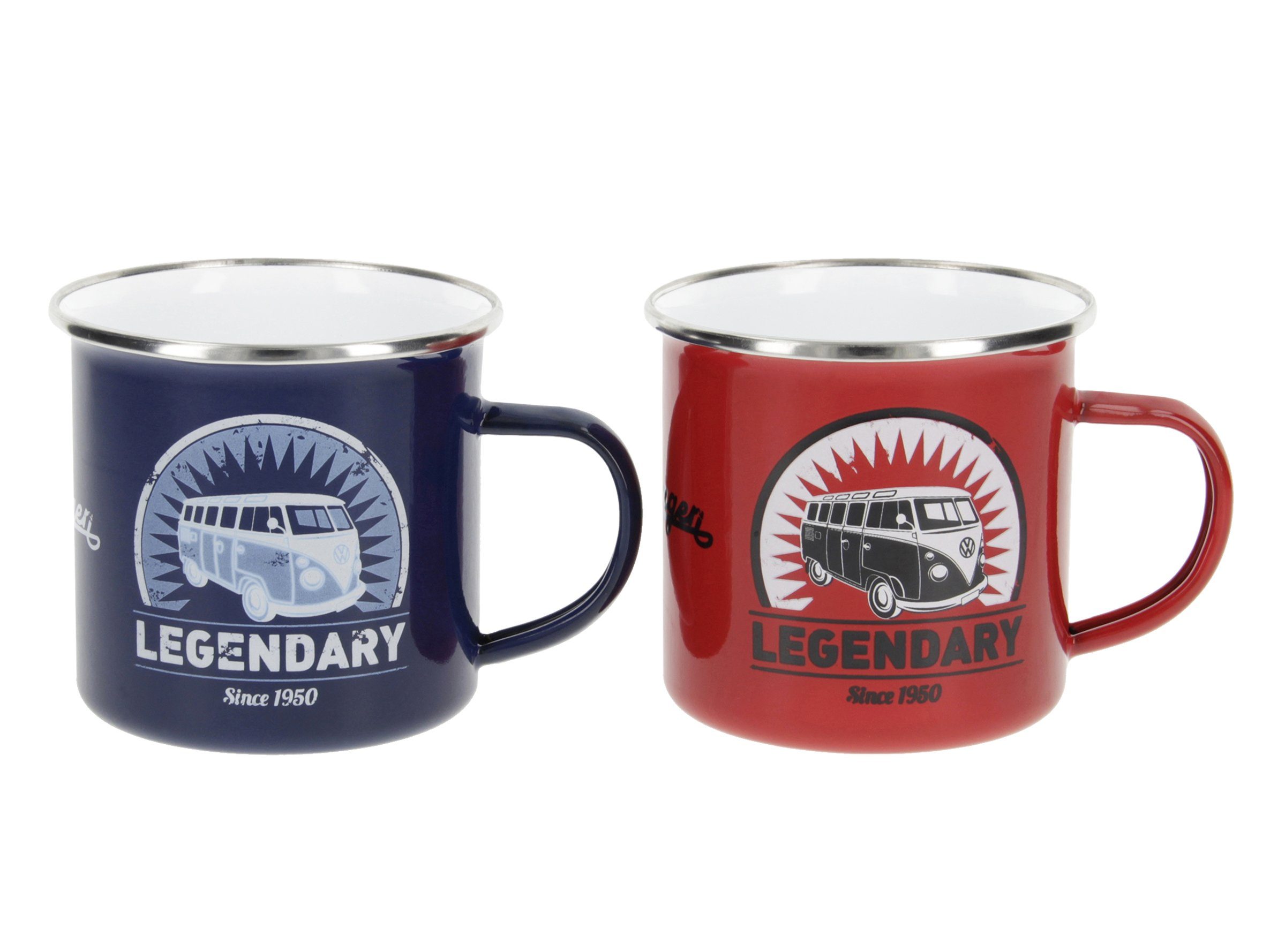 VW Collection by BRISA Tasse Volkswagen 2er Set Emaille Kaffeetasse, Teebecher, Emaille, Teetasse für Camping & Outdoor T1 Bus in verschiedenen Designs