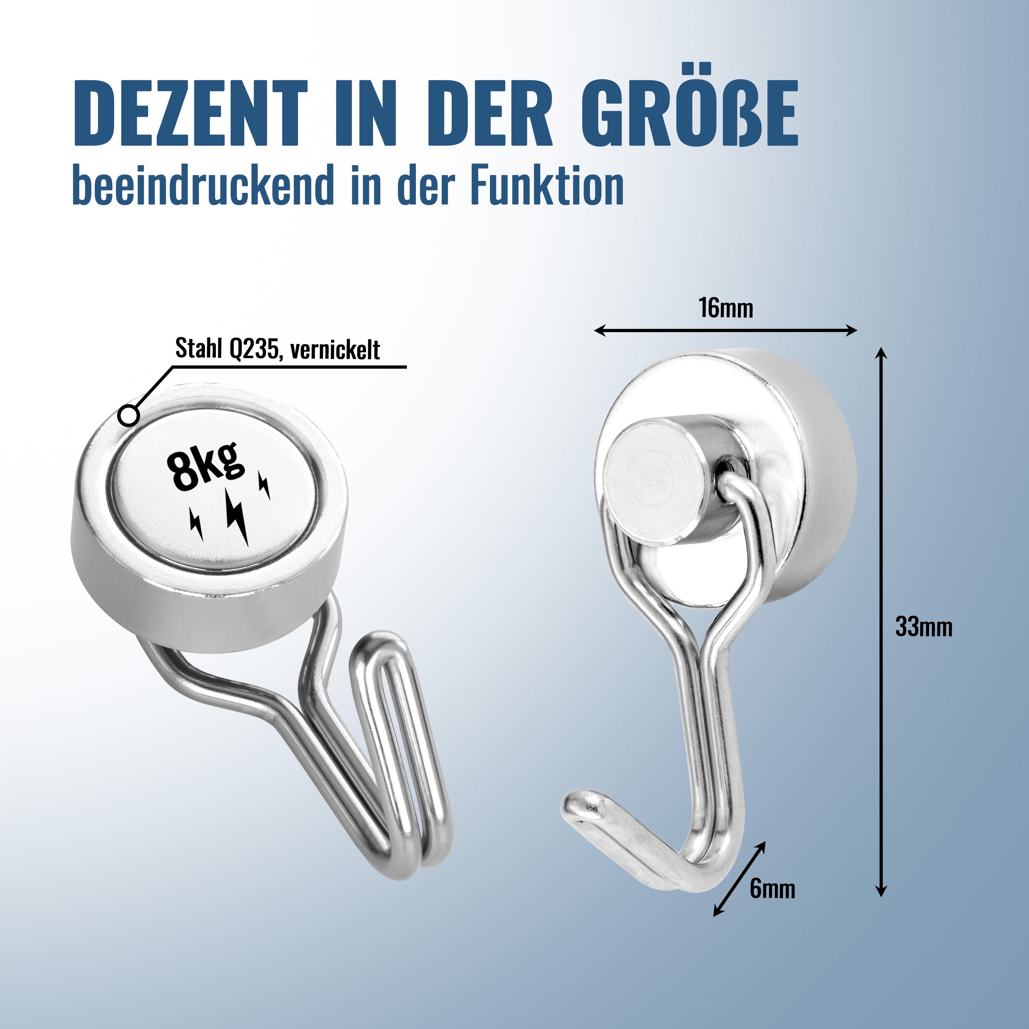 Poppstar Magnethalter (8-St), Magnethaken 8x extra stark drehbar (8 kg Haftkraft) aus Neodym