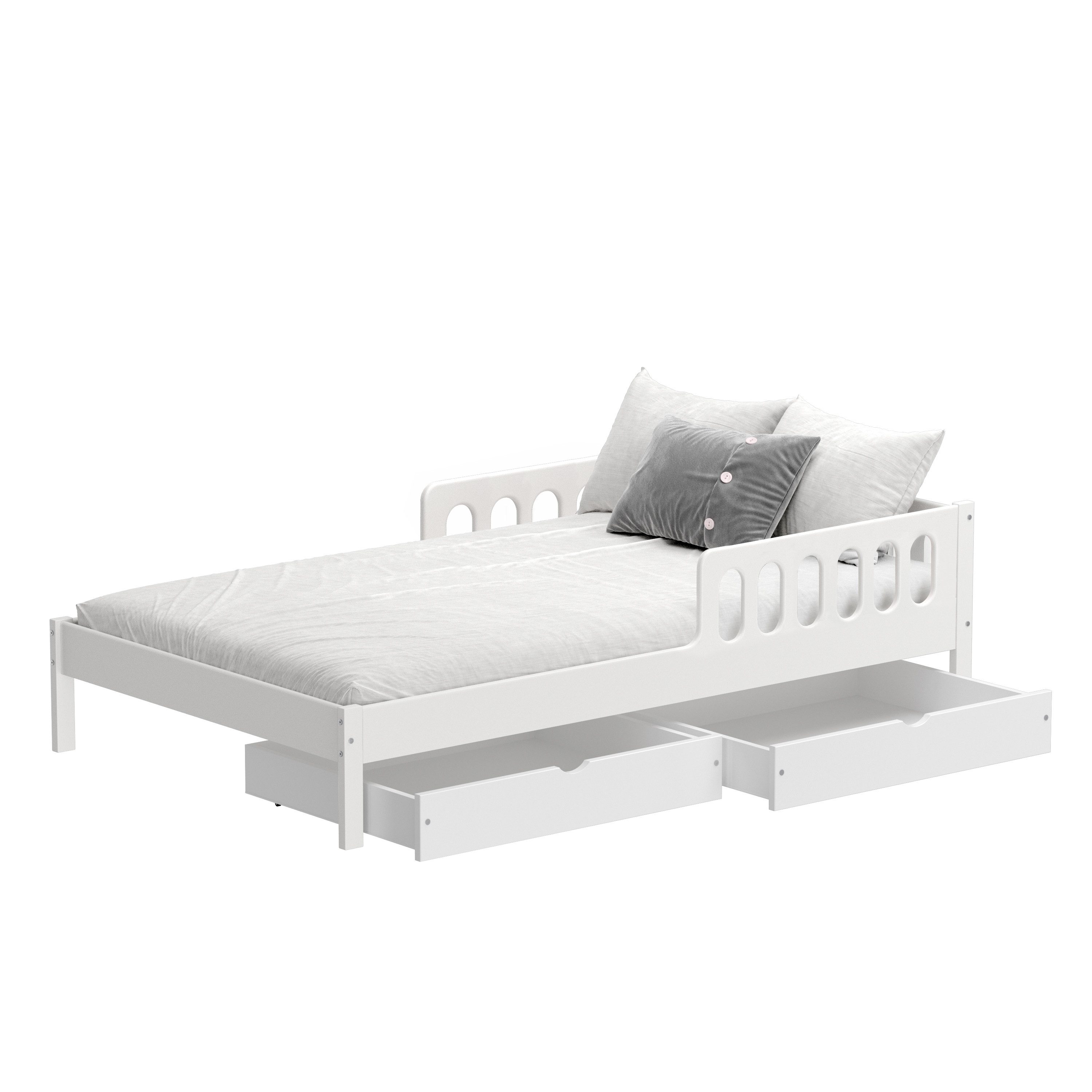 CADANI Kinderbett FINN mit Rausfallschutz, Roll-Lattenrost - bis 200 kg belastbar (120x200 cm Jugendbett, Weiß, mit Schubladen, inkl. Roll-Lattenrost), Stauraum – Bild 2 von 4