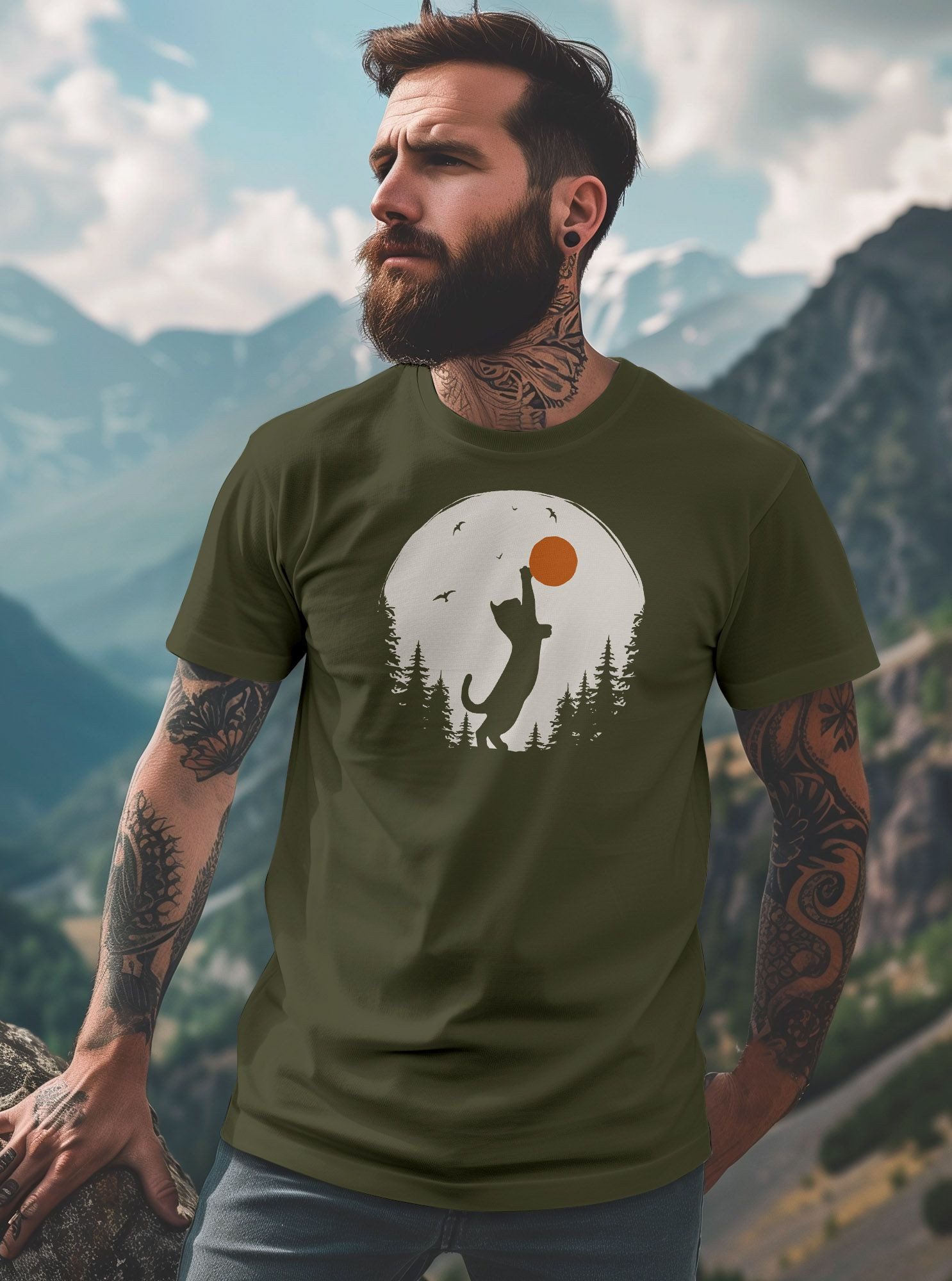 Neverless Print-Shirt Herren T-Shirt Frontprint Katze Silhouette Natur Aufdruck Printshirt mit Print – Bild 3 von 4