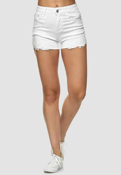 Egomaxx Jeansshorts Jeans Shorts Hose Kurz High Waist Hot Pants mit Spitze 2643 in Weiß