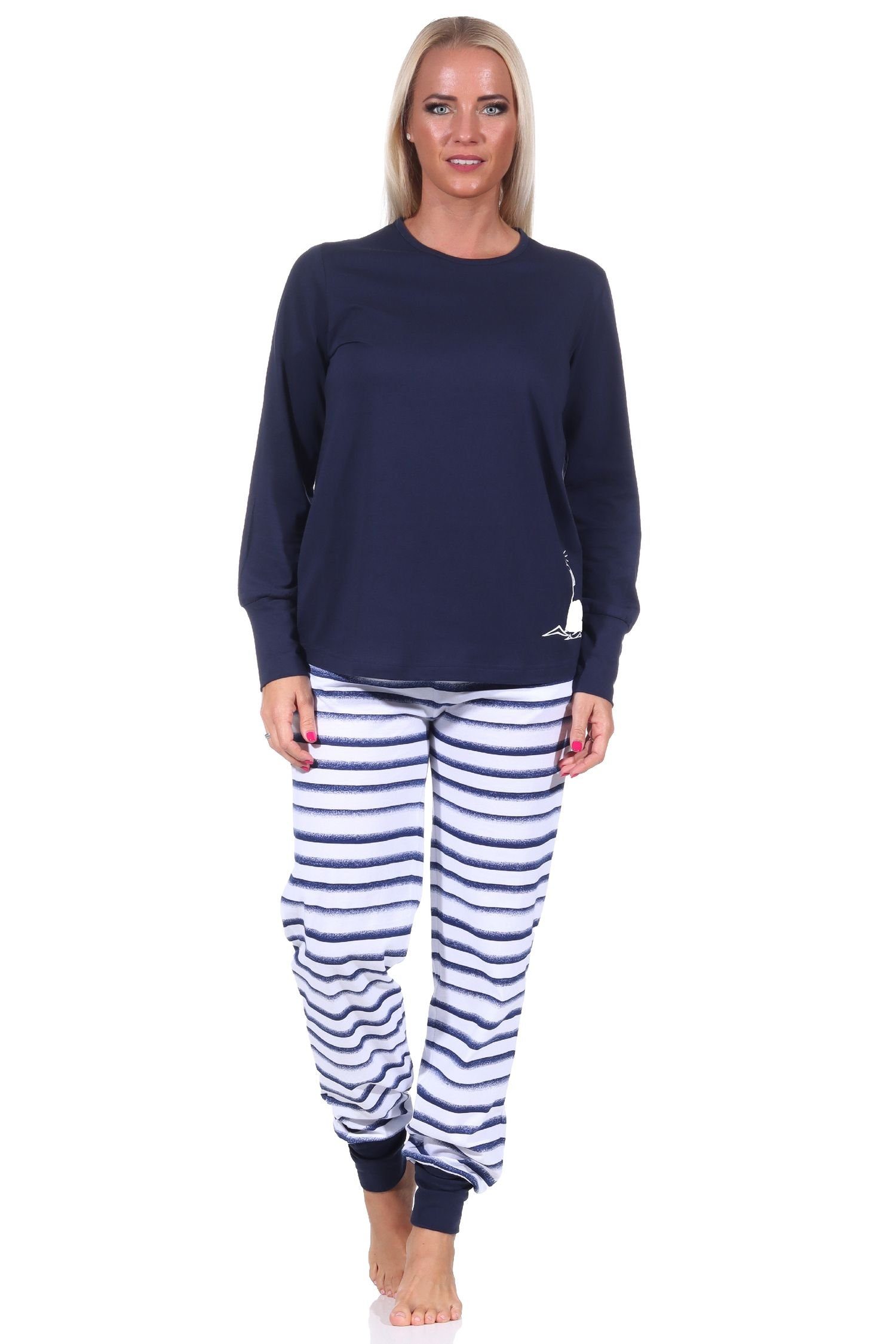 Normann Pyjama Maritimer Damen Schlafanzug mit Bündchen, Top mit Leuchturm Motiv marine