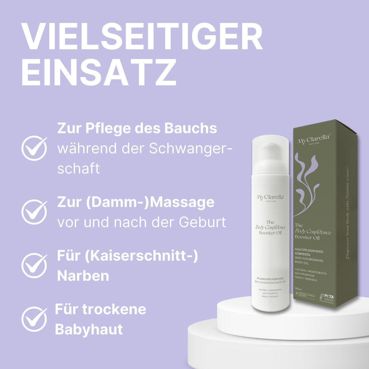MyClarella Körperöl Schwangerschaftsöl & Dammmassageöl – Mandel, Argan & Calendula, vegan, 1-tlg.