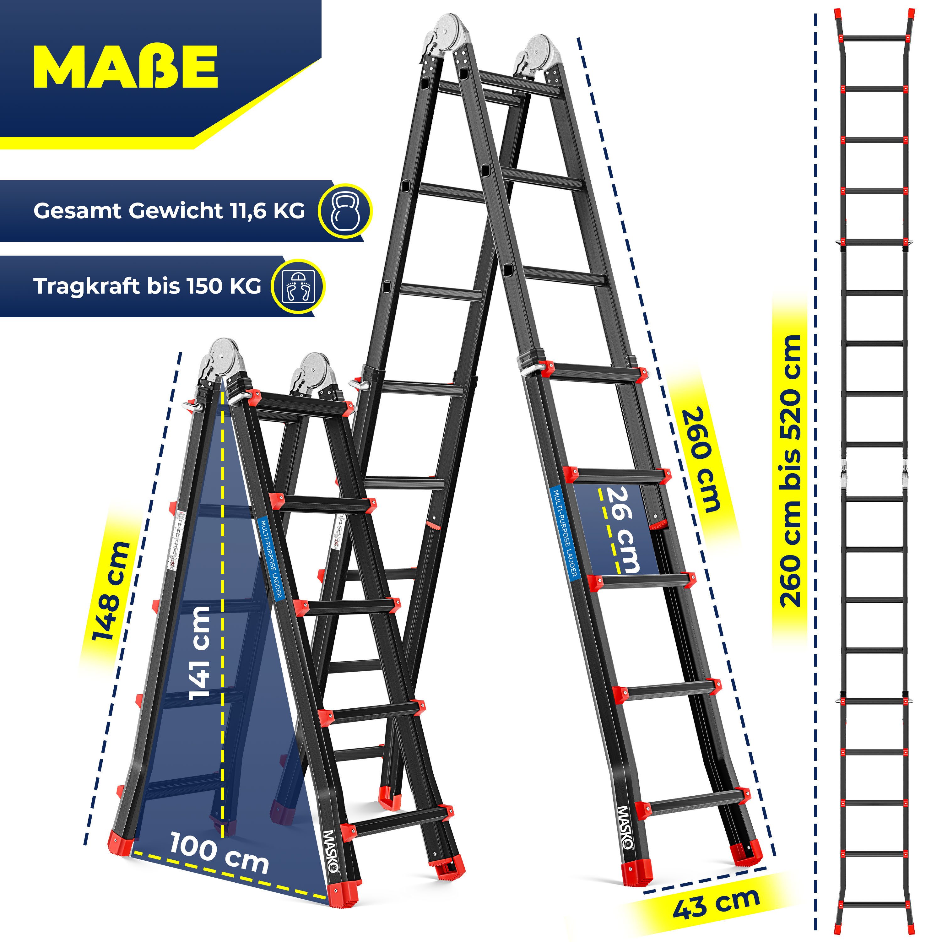MASKO Vielzweckleiter Aluminium 6in1 Mehrzweckleiter – 20 Sprossen - 520 cm günstig online kaufen