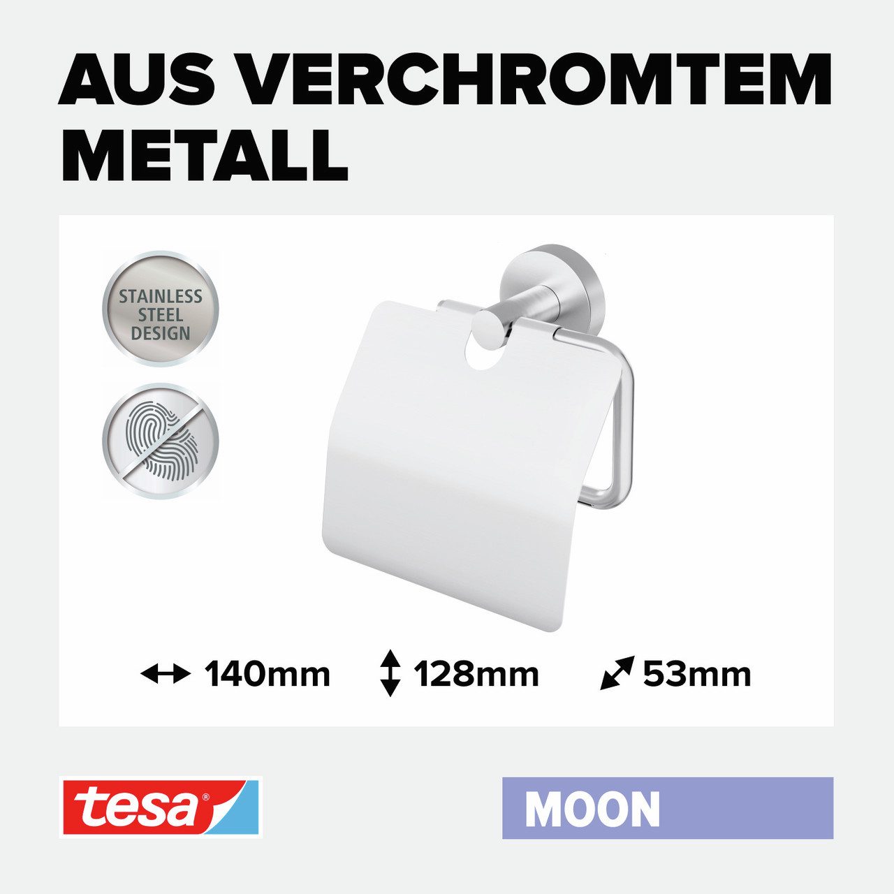 tesa Toilettenpapierhalter 1 x MOON WC-Papierrollenhalter mit Deckel (Komplett-Set, 2-St., inkl. Klebelösung), Edelstahl - silber matt - 5,3 cm : 14 cm : 12,8 cm