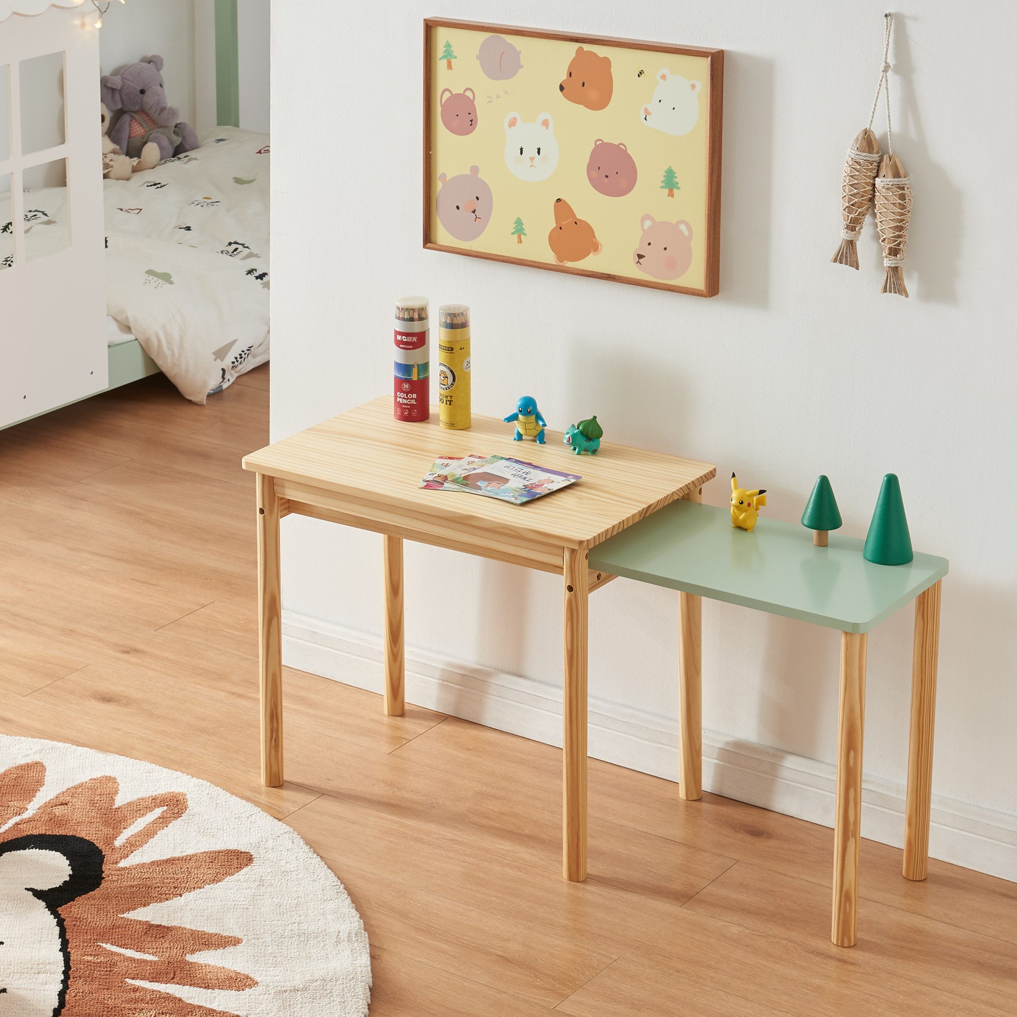 en.casa Kindertisch, »Skellefteå« ausziehbar 60x38x52 cm Kiefernholz+MDF Natur/Mintgrün