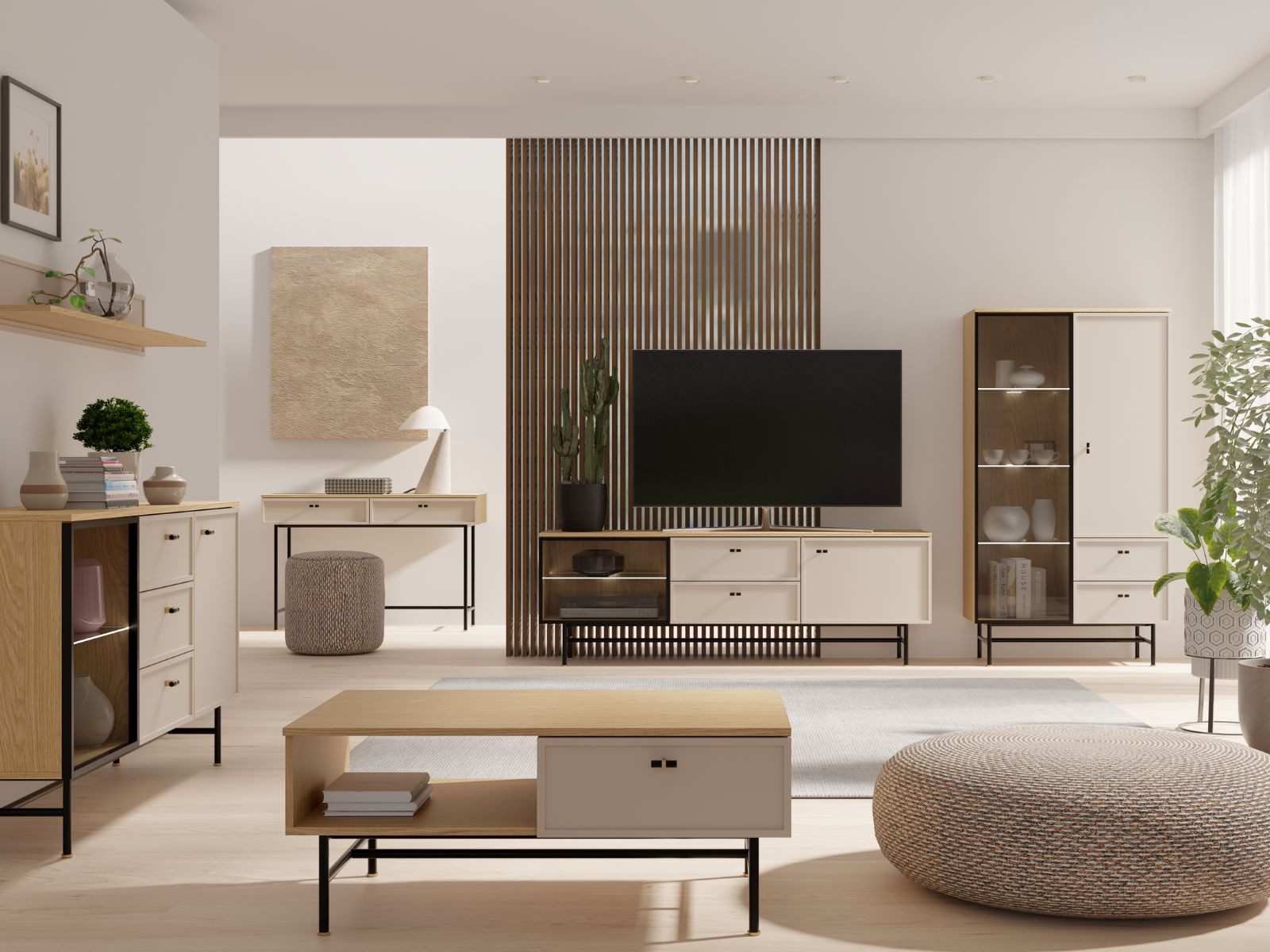 Compleo Kommode 150 cm breit, Sideboard japandi ESTI, Elegant design, LED-Beleuchtung als Option