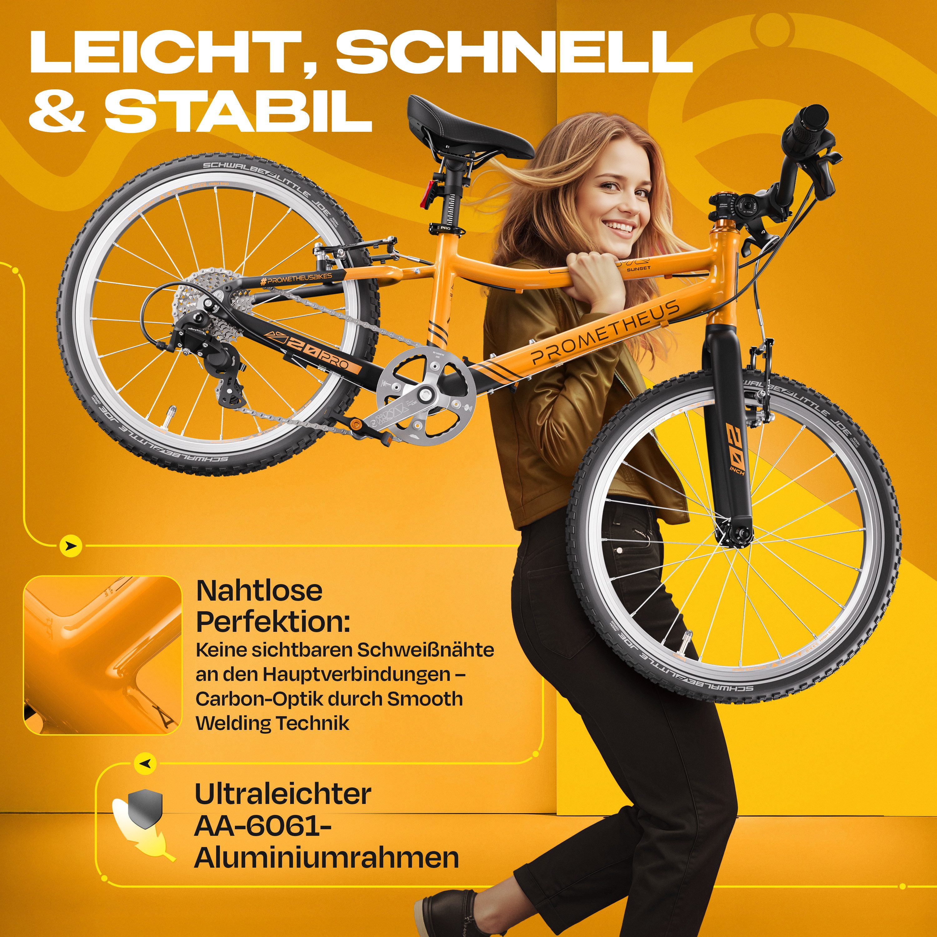 PROMETHEUS BICYCLES Kinderfahrrad PRO 20 Zoll ab 6 Jahre, 7 Gang microSHIFT, Kettenschaltung, PREMIUM ultralight (7.7 kg) AA-6061 Alurahmen V-Brakes SCHWALBE Reifen