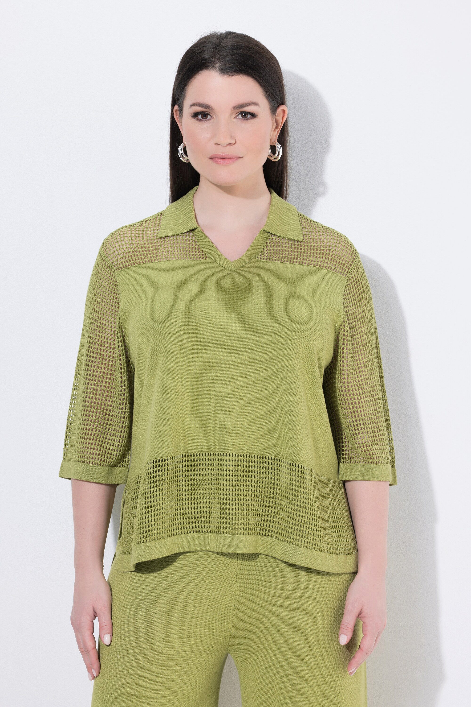 Strickpullover Strickshirt Lochstrick V-Ausschnitt Halbarm