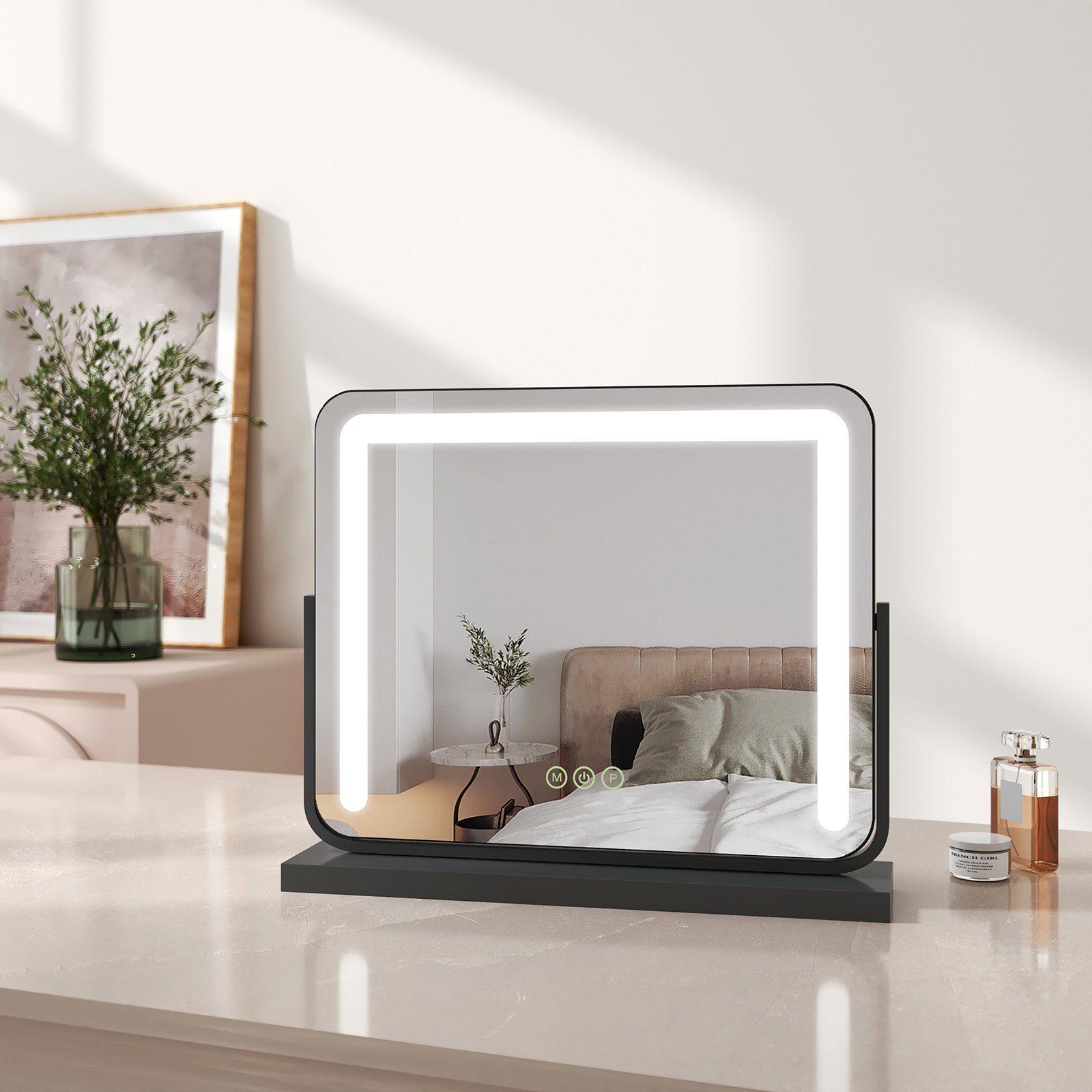 EMKE Kosmetikspiegel Schminkspiegel LED Kosmetikspiegel mit Beleuchtung Tischspiegel, mit Touch, 3 Lichtfarben Dimmbar, Memory-Funktion, 360° Drehbar Schwarz