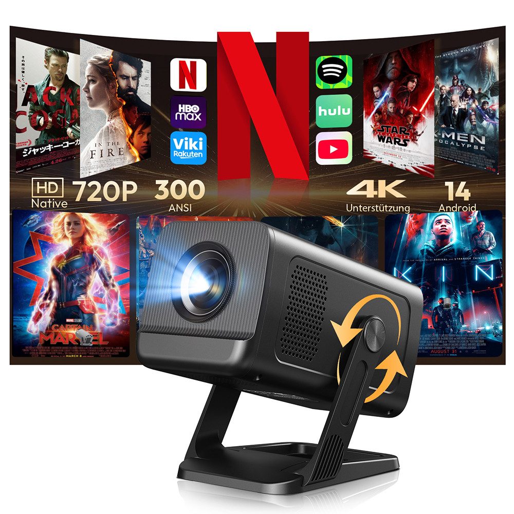 XGODY Android 14 Projektor Ultra HD 4K, Integrierte App,WiFi 6, BT 5.4 Mini-Beamer (12000 lm, 8000:1, 3840 x 2860 px, KI-Auto-Keystone, 180°Dreh, Tragbarer Beamer Heimkino mit TV Stick)