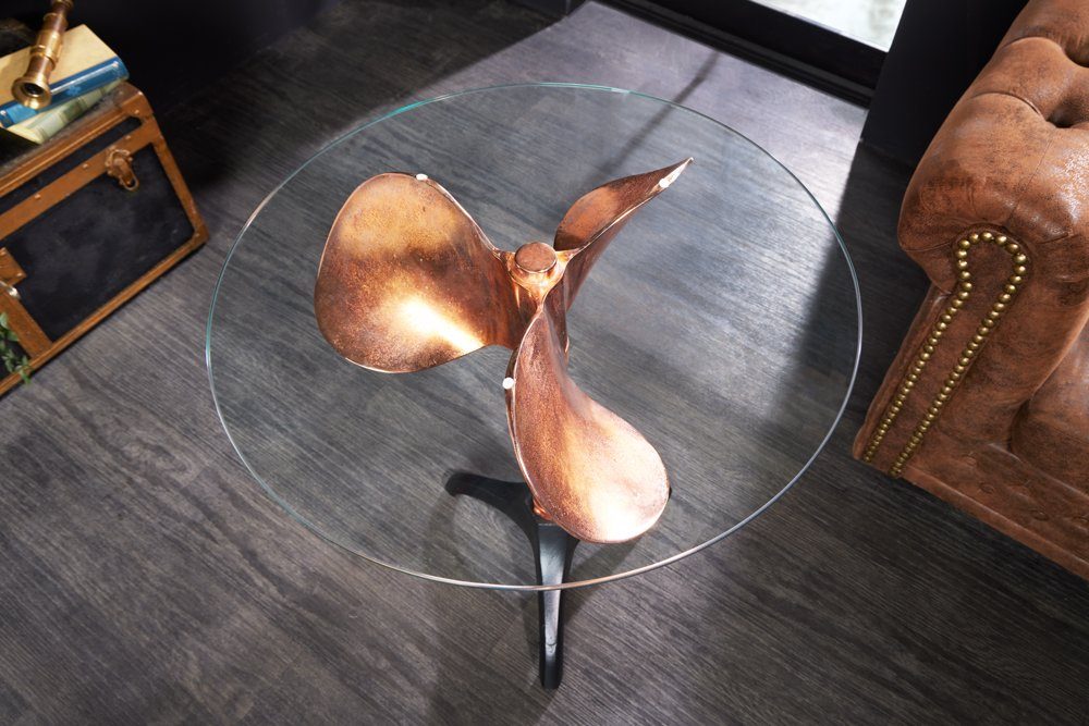 riess-ambiente Beistelltisch OCEAN Ø75cm kupfer/transparent/schwarz - Metall, Glas, Schiffsschraube (Einzelartikel, 1-St), Runder Couchtisch - ideal für maritime Wohnzimmer & Loft-Wohnungen