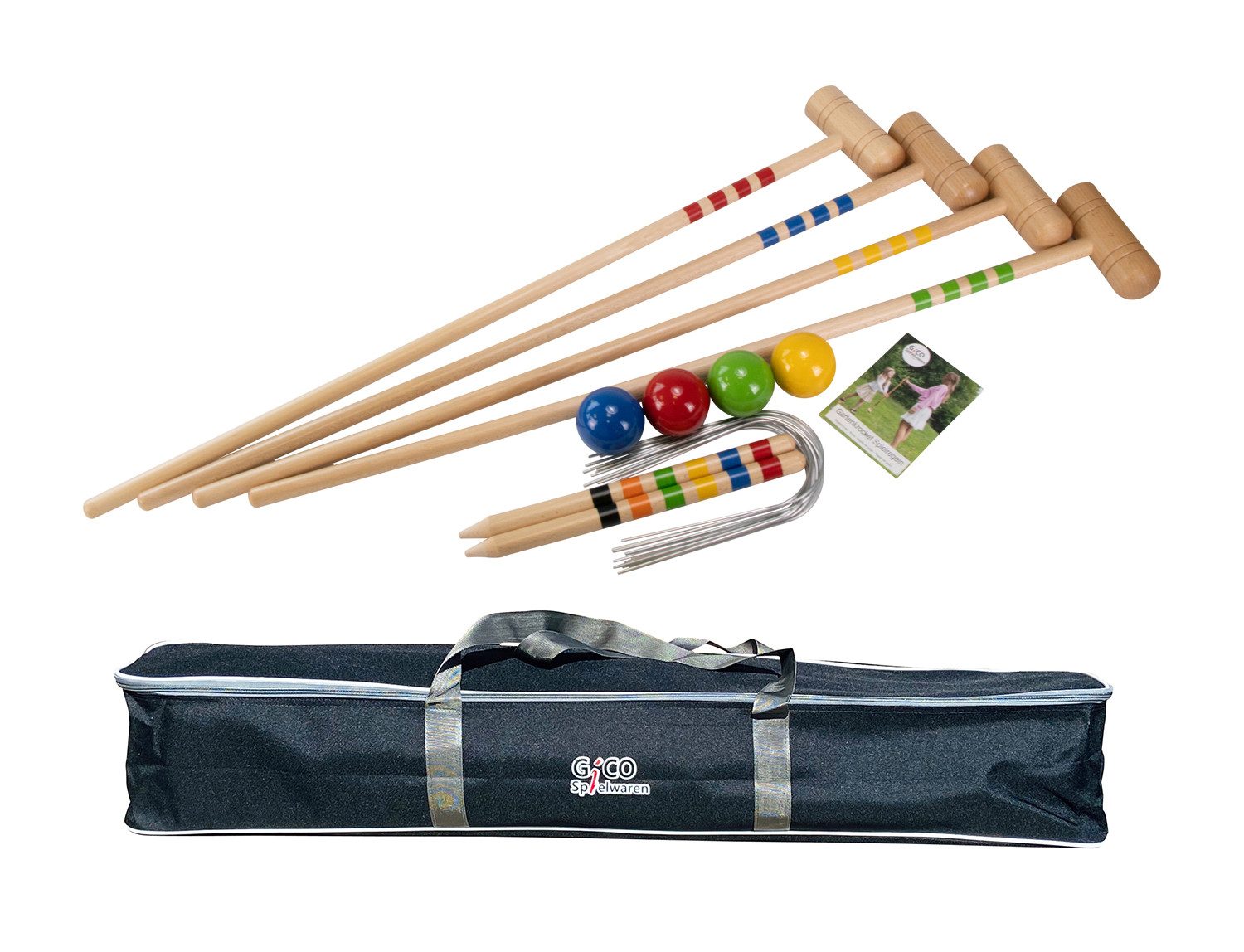 GICO Spielzeug-Gartenset GICO Krocket Set Adult 4 Spieler Länge 100cm Transporttasche 3244, Schläger:4x100cm (Erwachsenenlänge)