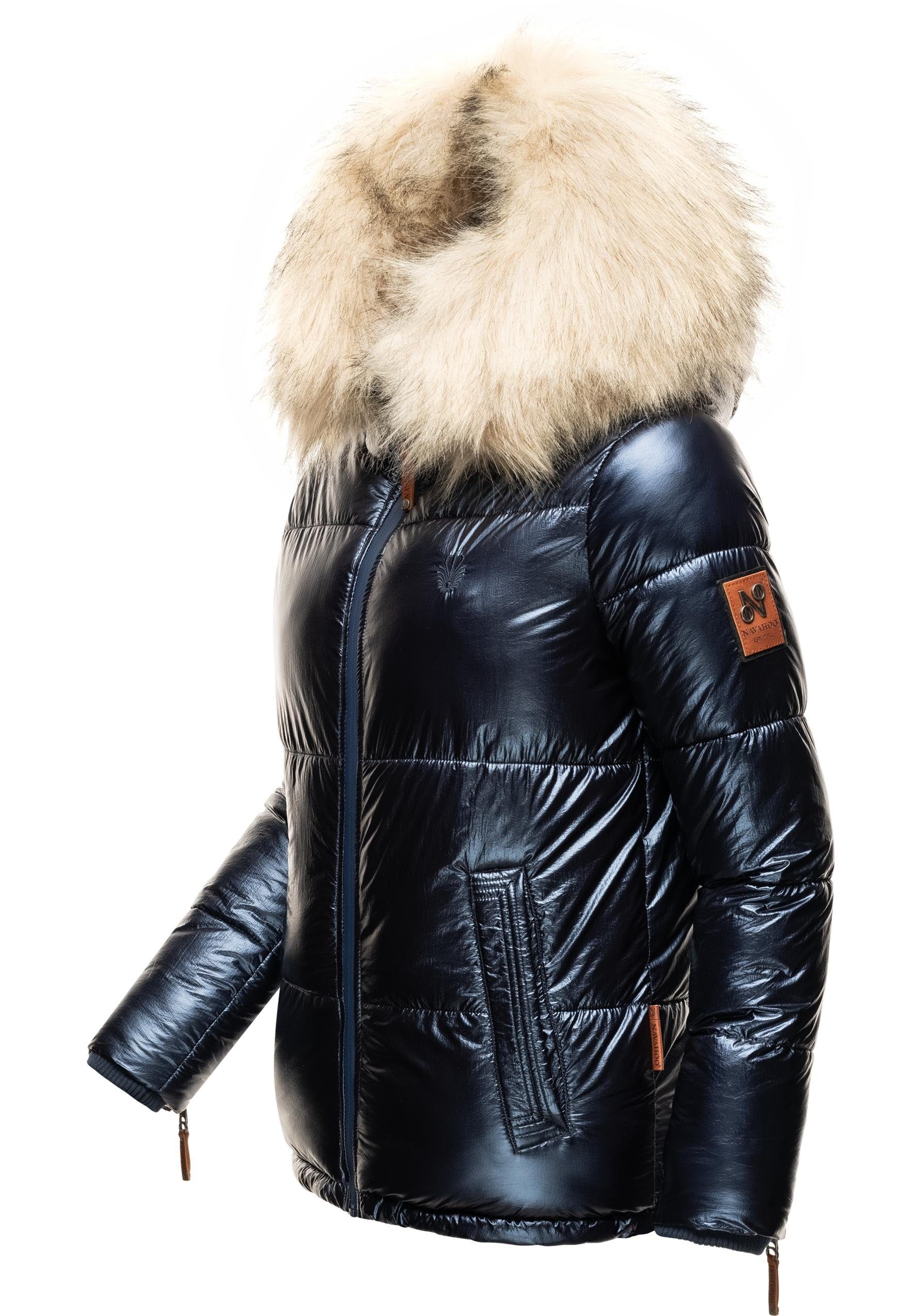 Navahoo Winterjacke Tikunaa warm gefütterte Damen mit Steppjacke blau Kunstfellkapuze