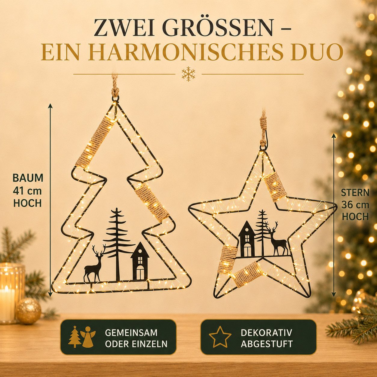 formano LED Dekolicht LED Weihnachtshänger 2er Set Baum & Stern, 41/36 cm je 102 LEDs, LED fest integriert – Bild 4 von 5