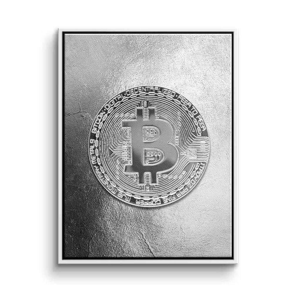 DOTCOMCANVAS® Leinwandbild, Premium Leinwandbild - Crypto - Silber Bitcoin - Trading - Motivation weißer Rahmen