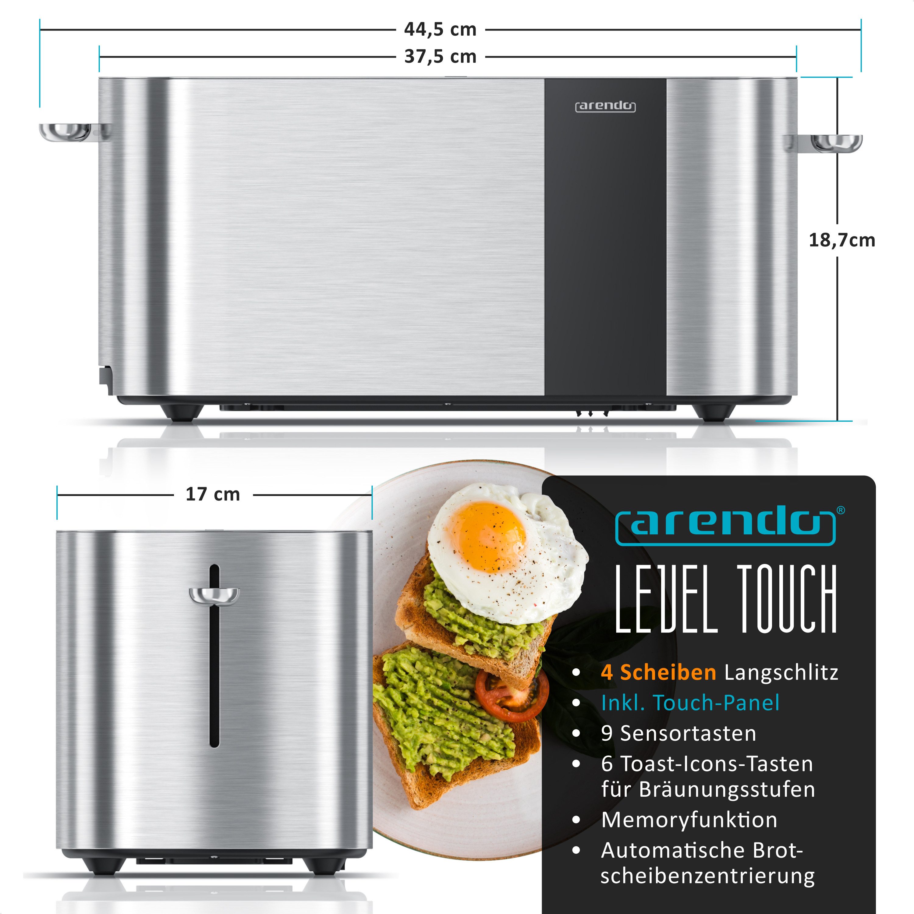 Arendo Toaster Edelstahl 4-Scheiben Langschlitz, Touch, Restzeit Bräunungsgradanzeige, 2 lange Schlitze, für 4 Scheiben, 1500 W, Brötchenaufsatz, Wärmeisoliert, Toast-Symbole für Bräunungsgradauswahl