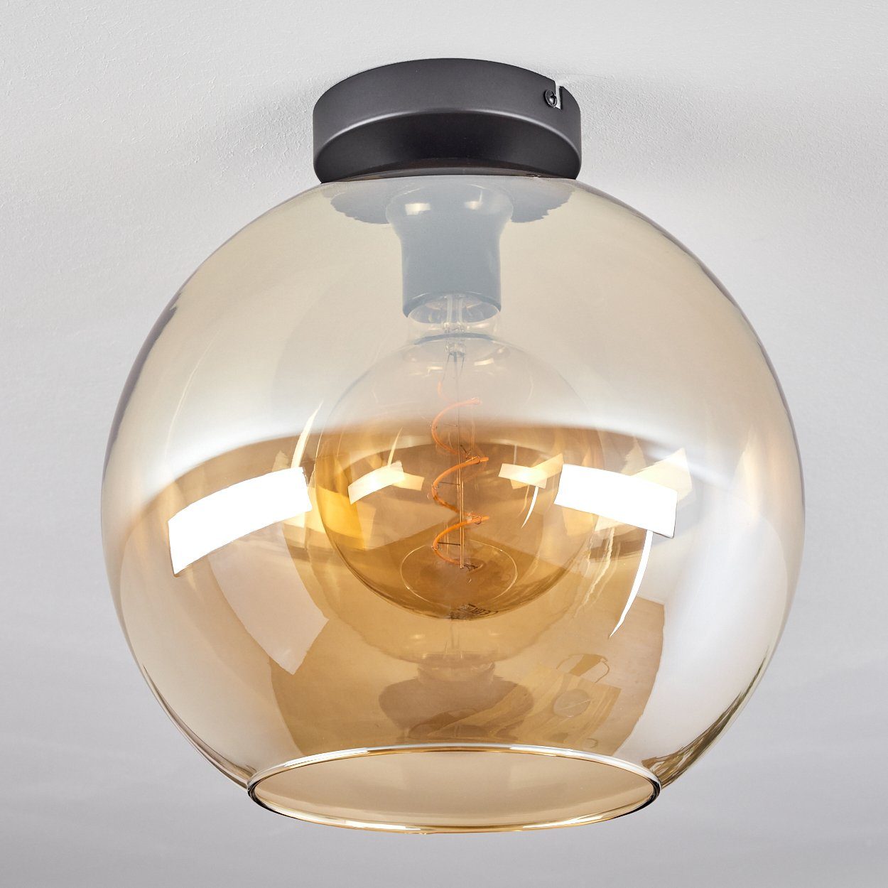 Leuchtmittel, Schirm in mit 1xE27 aus Retro/Vintage-Design Metall/Glas »Cesaro« Deckenlampe im Deckenleuchte hofstein (30cm), aus Glas ohne Leuchte Schwarz/Bernsteinfarben,