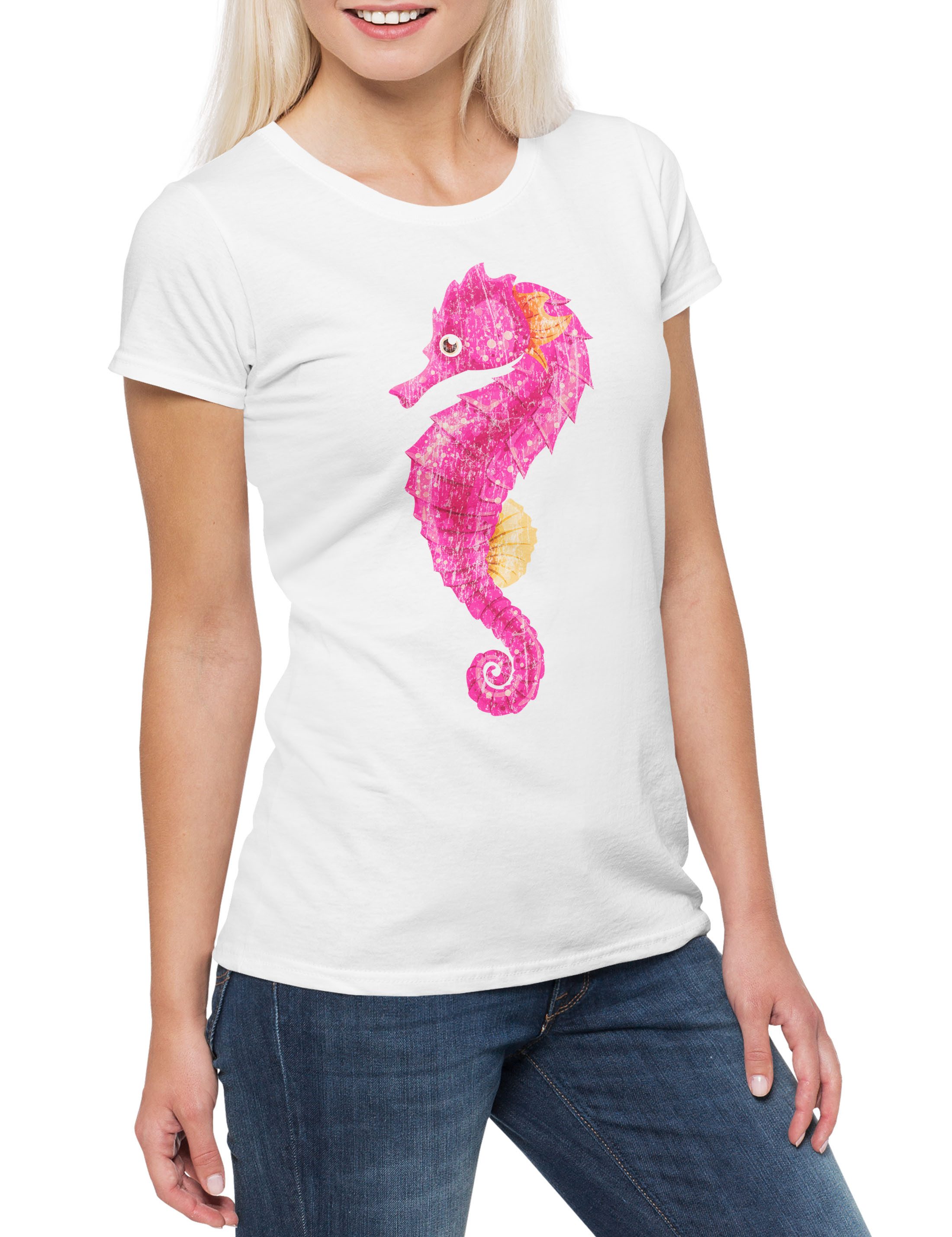 Print-Shirt Pink Seahorse Damen T-Shirt Seepferdchen Tattoo Nautical Sailor Art