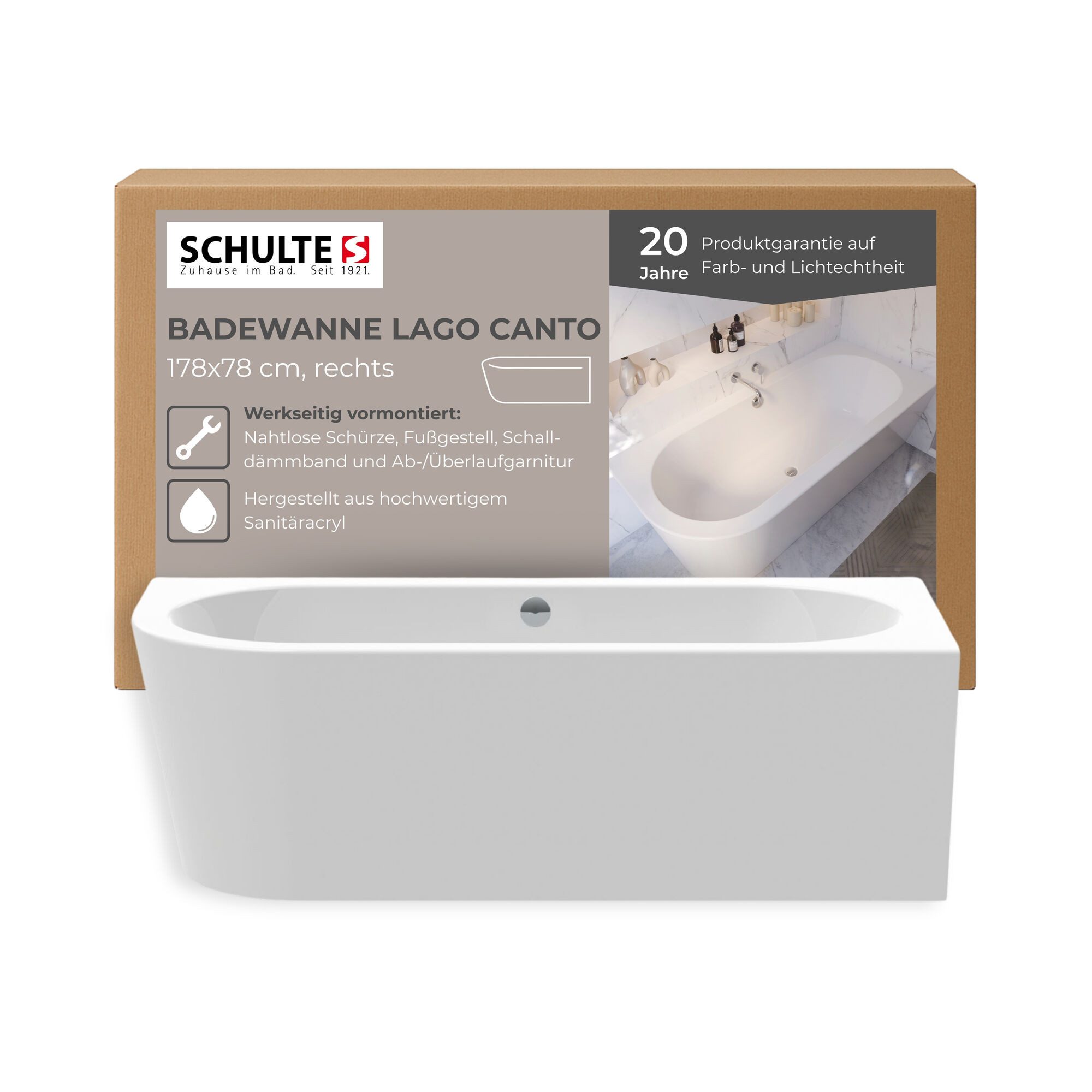 Schulte Badewanne Lago Canto, Sanitäracryl, Weiß, (Komplett-Set, inkl. Fußgestell und Ablauf), Version rechts, 178x78 cm