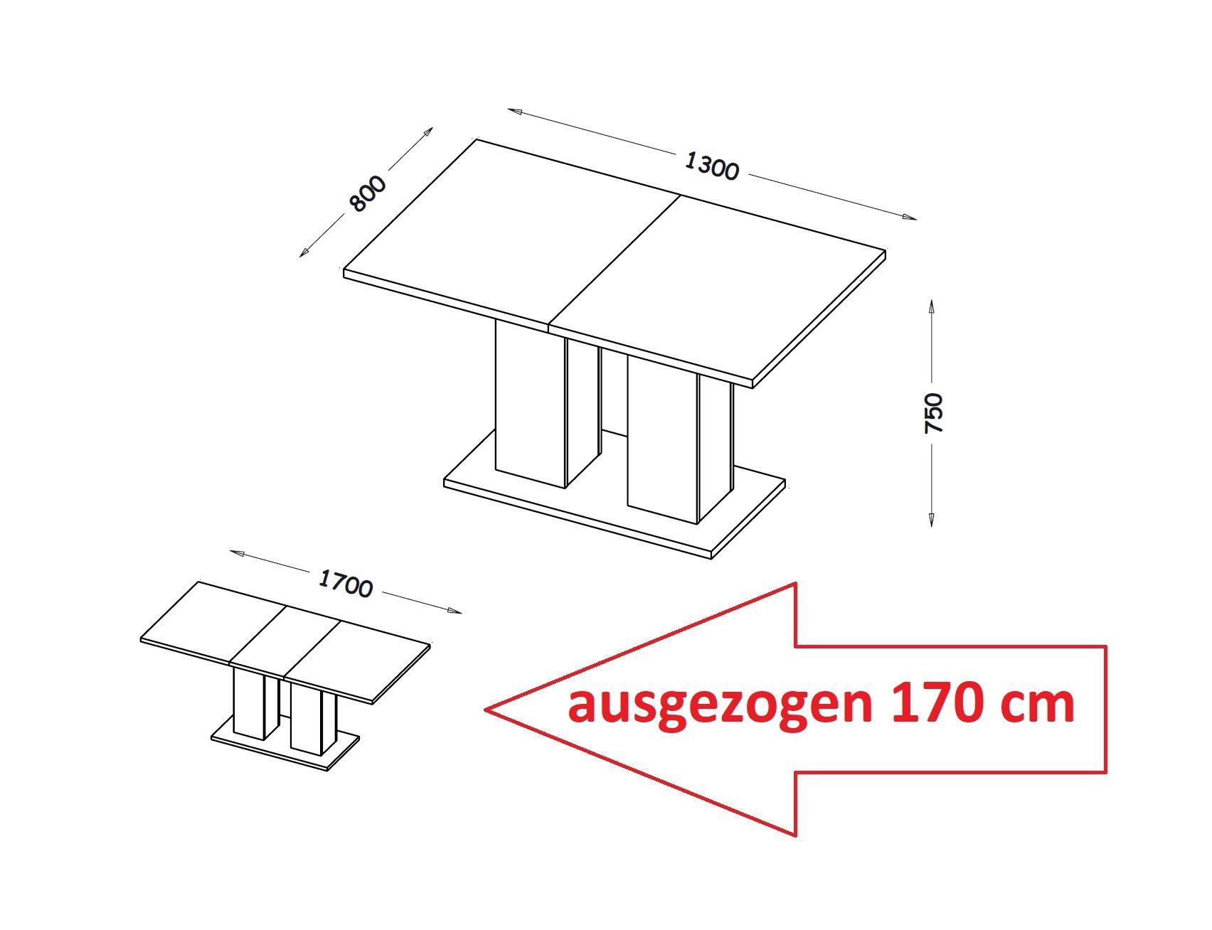 designimpex Esstisch ausziehbar Design Hochglanz bis 170 Esstisch Weiß DE-1 Tisch cm 130