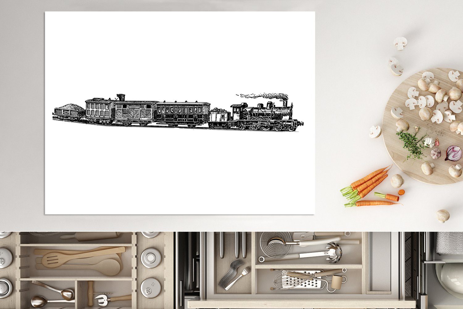 schwarz-weiß, Arbeitsfläche MuchoWow Güterzug (1 cm, in nutzbar, Ceranfeldabdeckung tlg), 70x52 Herdblende-/Abdeckplatte Vinyl, Alter Mobile