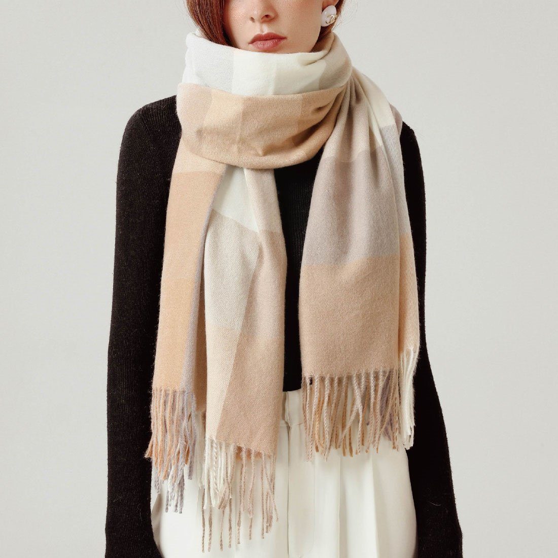 DÖRÖY Modeschal Damen Vintage Schal, Rosa quadratischen Warm Schal gestreiften Winter