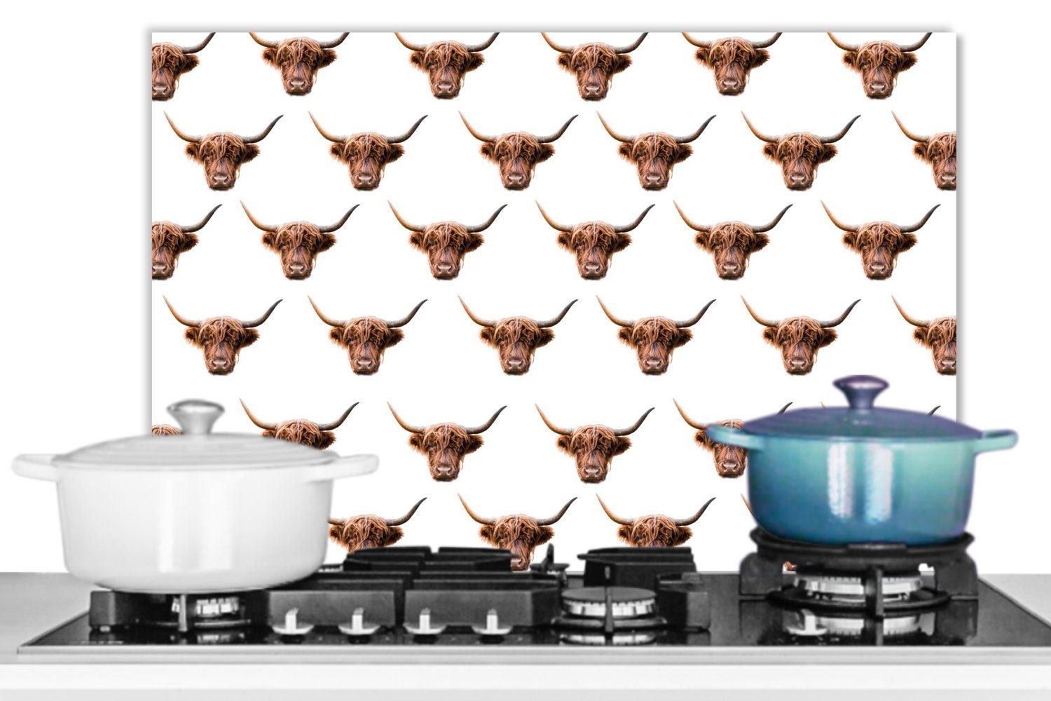 MuchoWow Küchenrückwand Temperaturbeständig aus Tiere, - Highlander Muster cm, - 60x40 Herdblende küchen (1-tlg), Wandschutz, Schottischer
