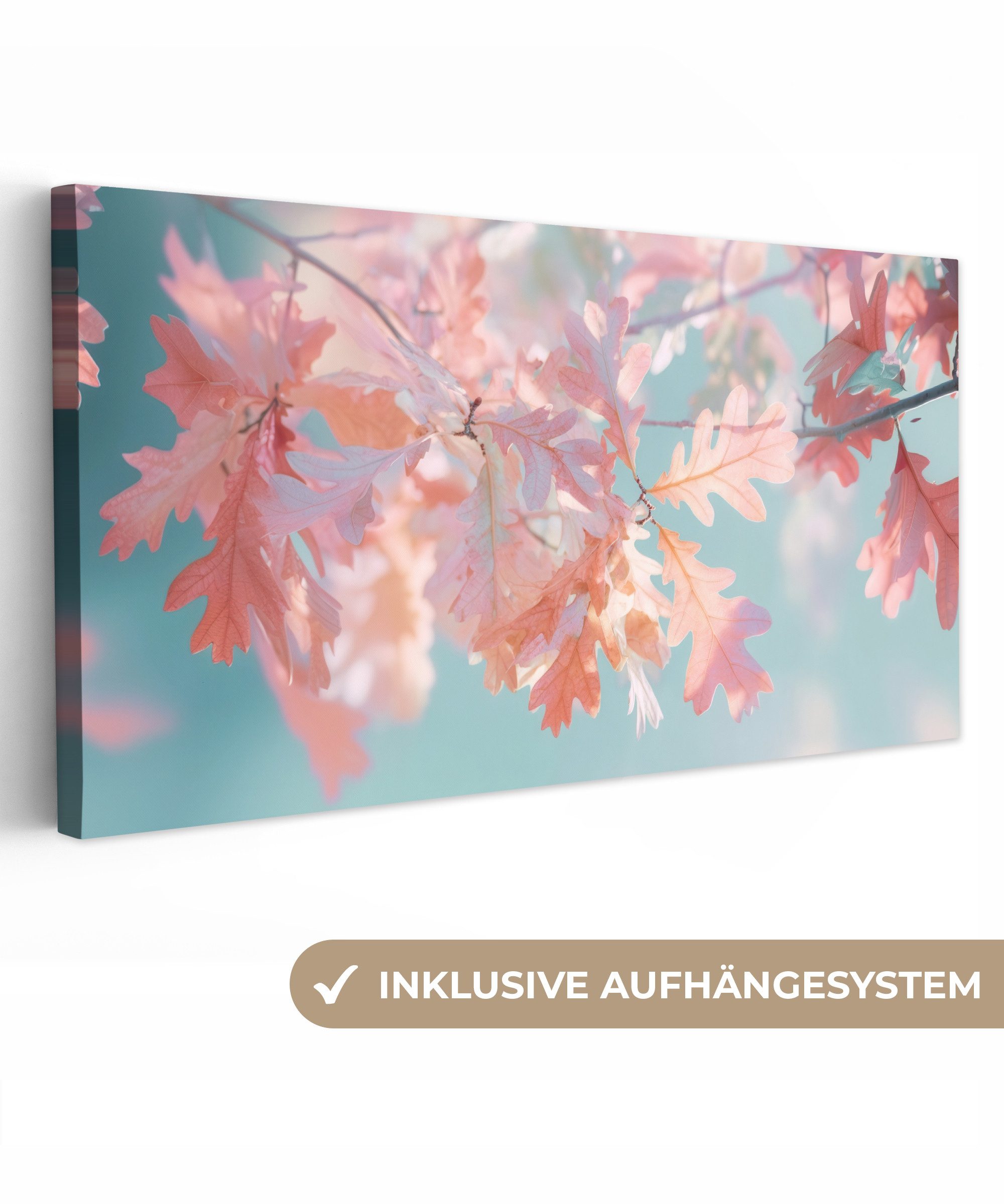 OneMillionCanvasses® Leinwandbild Panorama Eikenbladeren - Takken - Roze, Fotodruck (1 St), Wandbild, Deko Schlafzimmer Wohnzimmer Flur 40x20 cm
